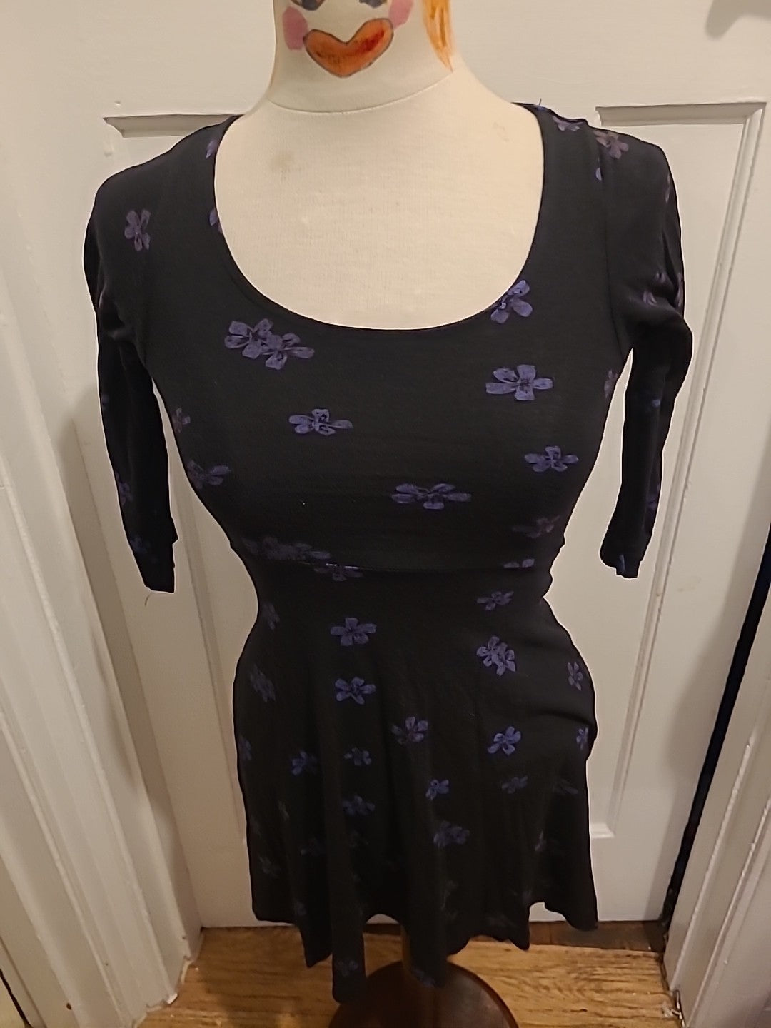 Ladies Primark Size 8 Black And Purple Mid Sleeved Floral Flare Dress