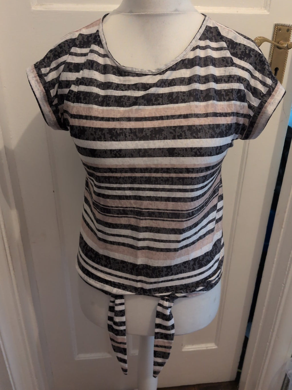 Wallis Small Beige Grey White Stripe Short Sleeve Blouse