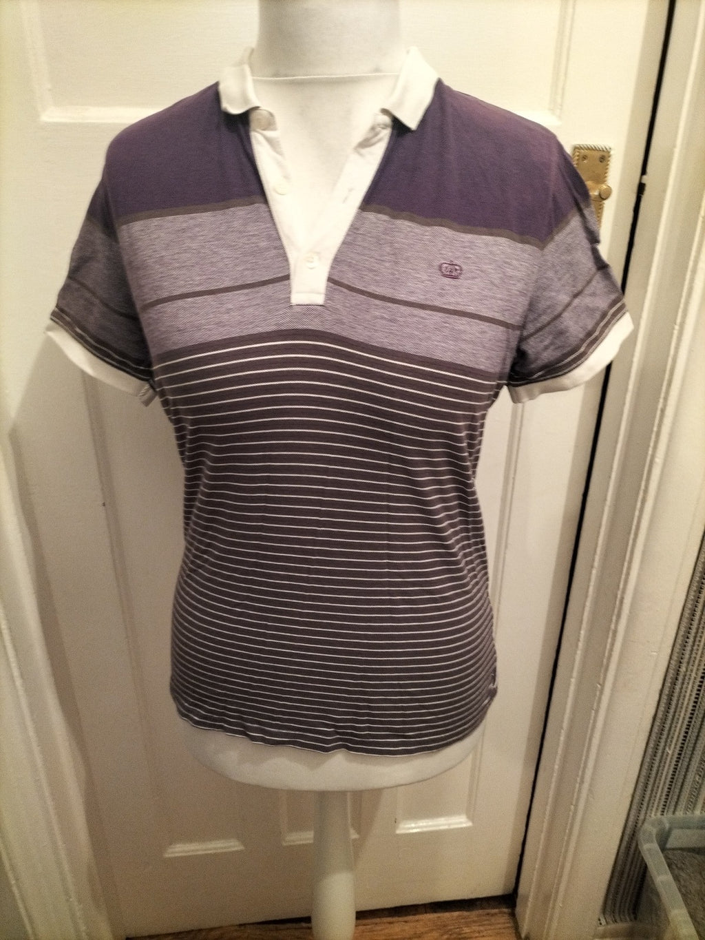 Mens Next Size Small Purple And White Striped Short Sleeved Polo