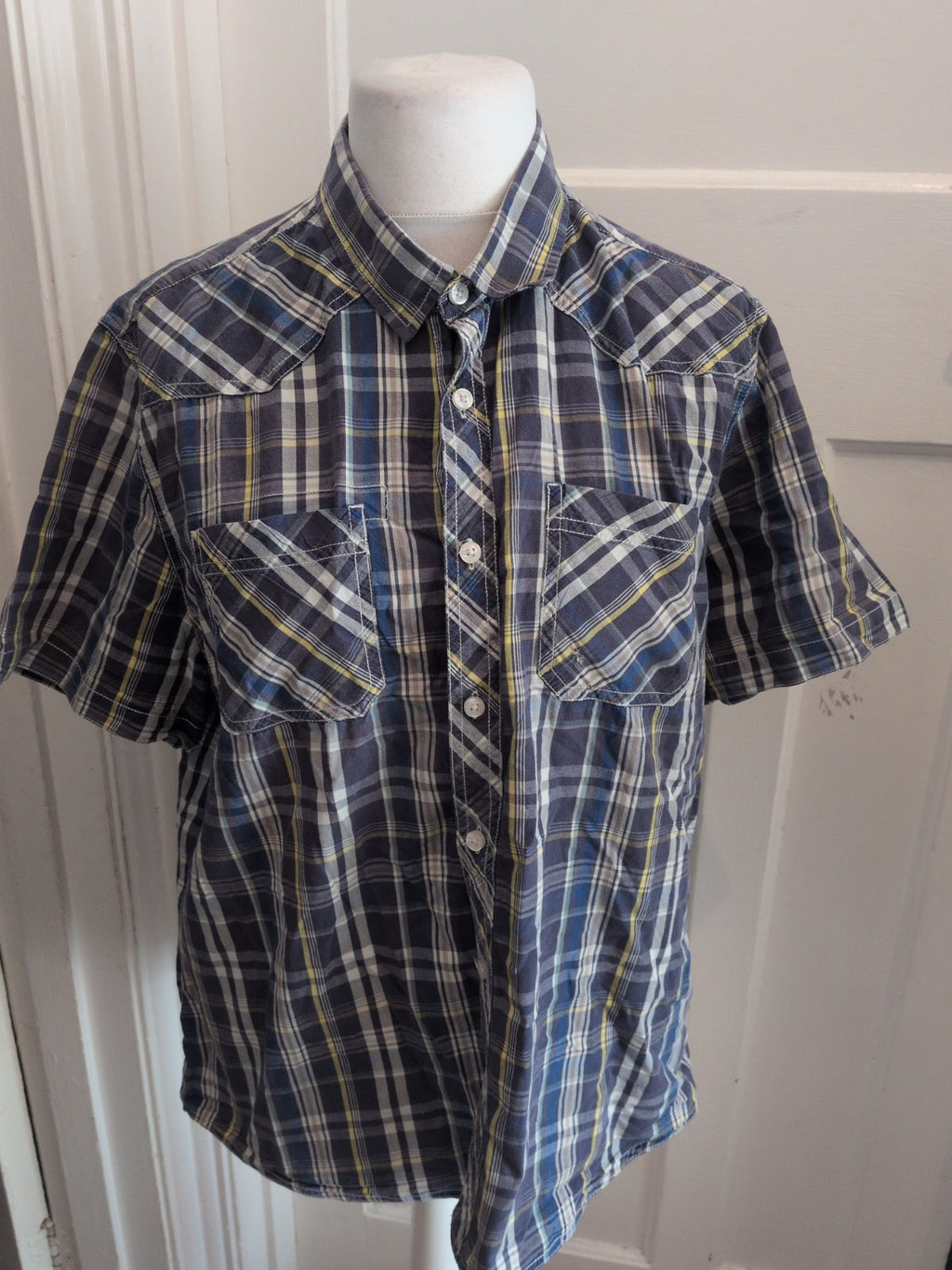 Easy XL Navy Yellow White Check Shirt Sleeve Casual Shirt