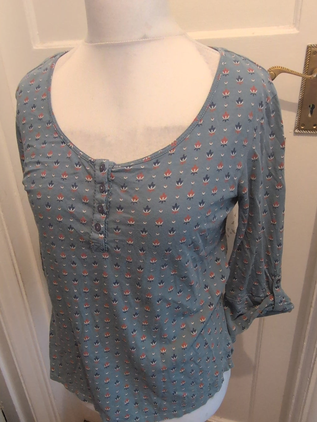 Tu 14 Dark Aqua Orange Patterned Short Sleeve Blouse