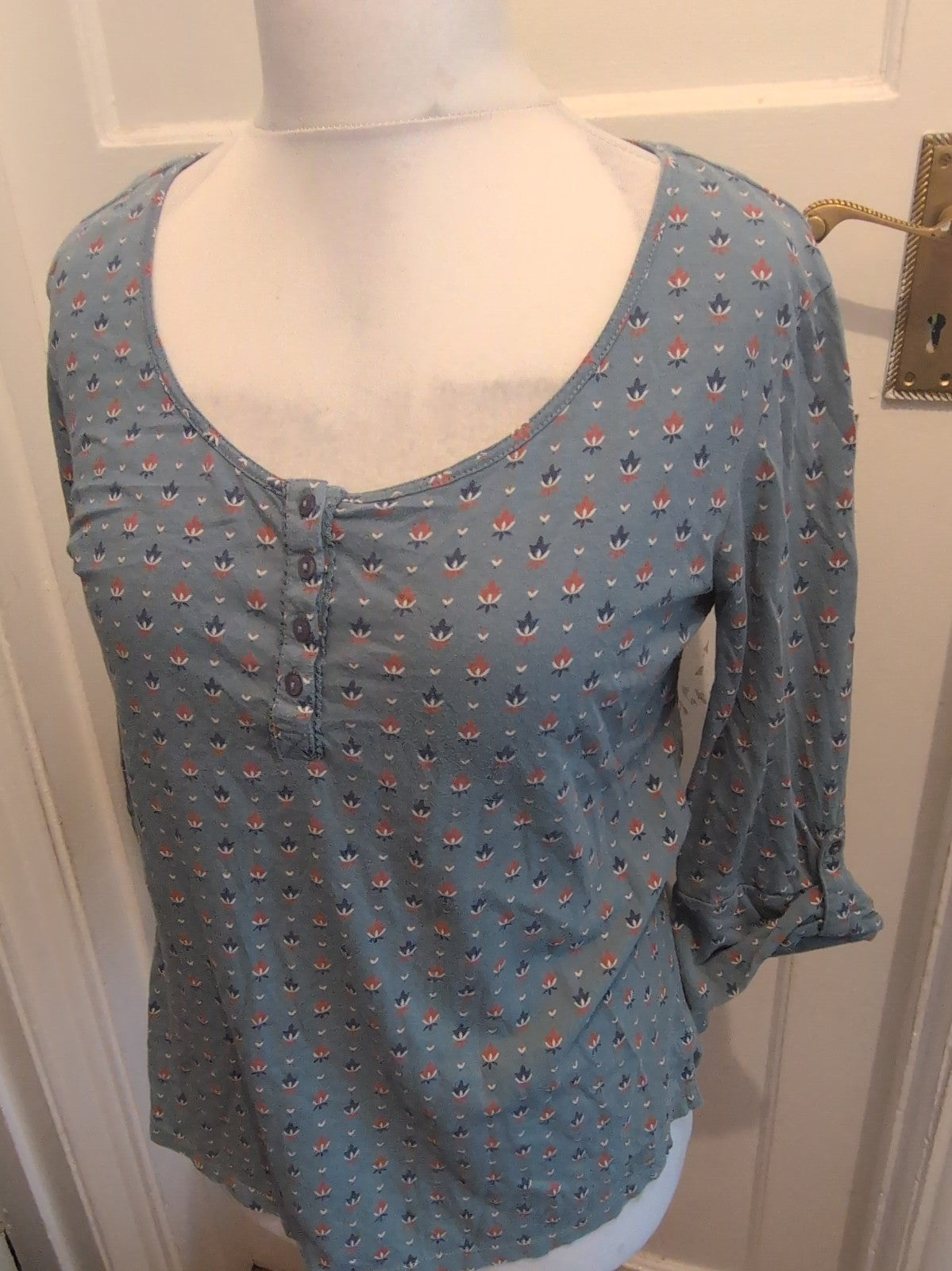 Tu 14 Dark Aqua Orange Patterned Short Sleeve Blouse