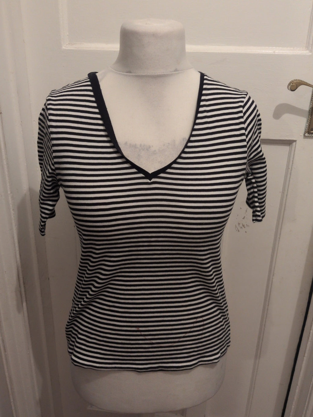 Ladies Marks And Spencer Size 12 Striped Short Sleeve T-shirt Black And White