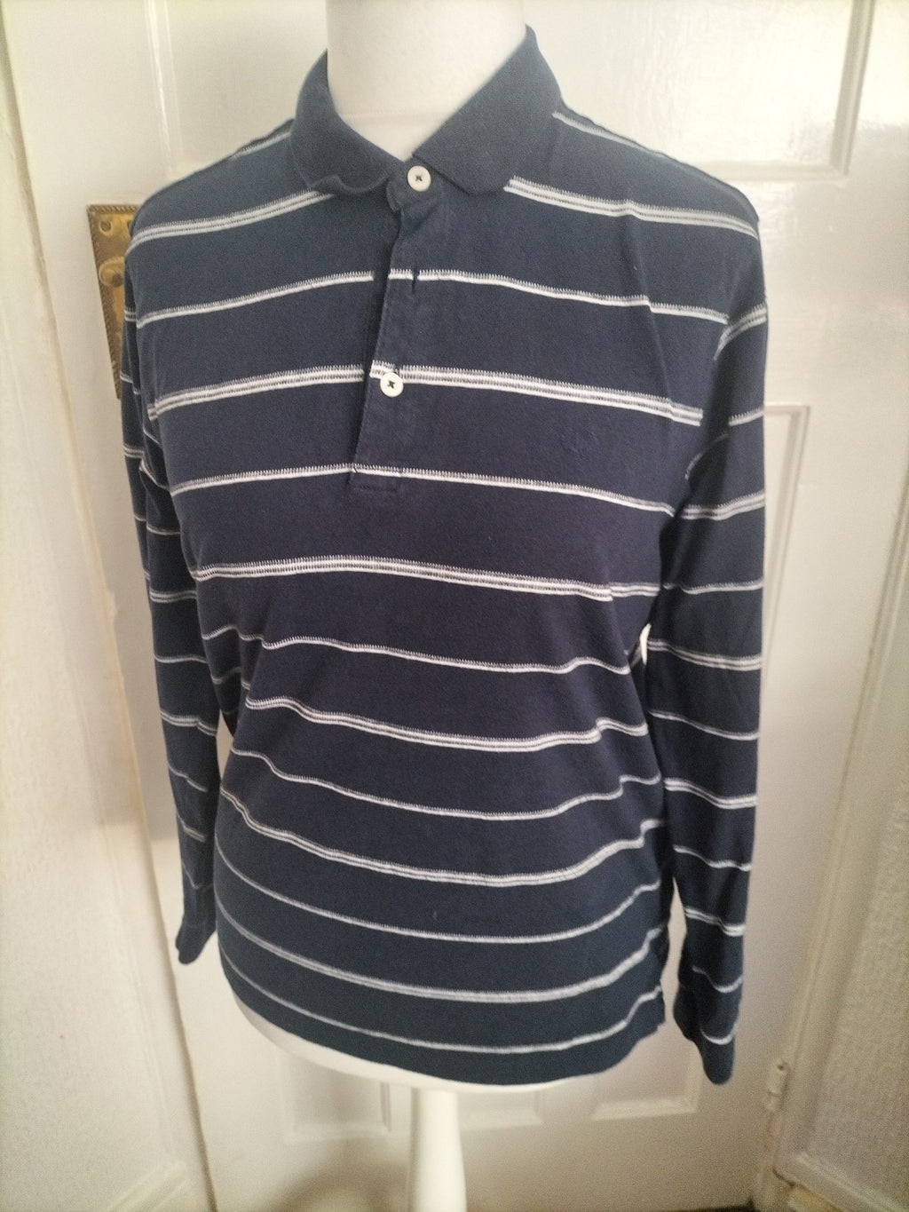 Mens Lincoln Size M Navy And White Striped Long Sleeved Polo