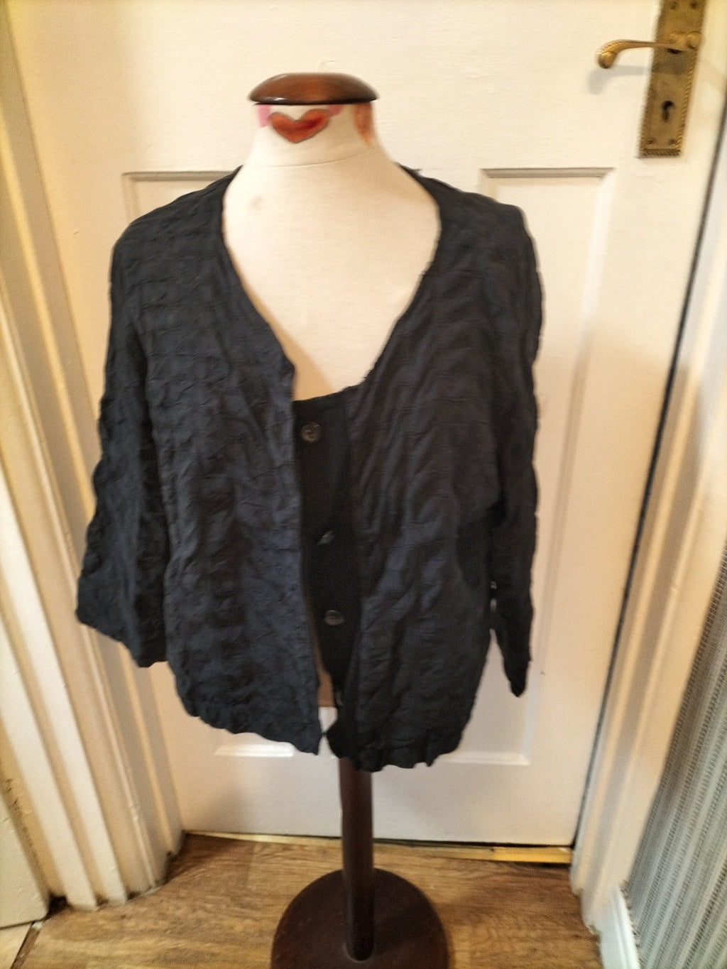 Ladies Size Large Navy Ruffled Buttoned Blouse