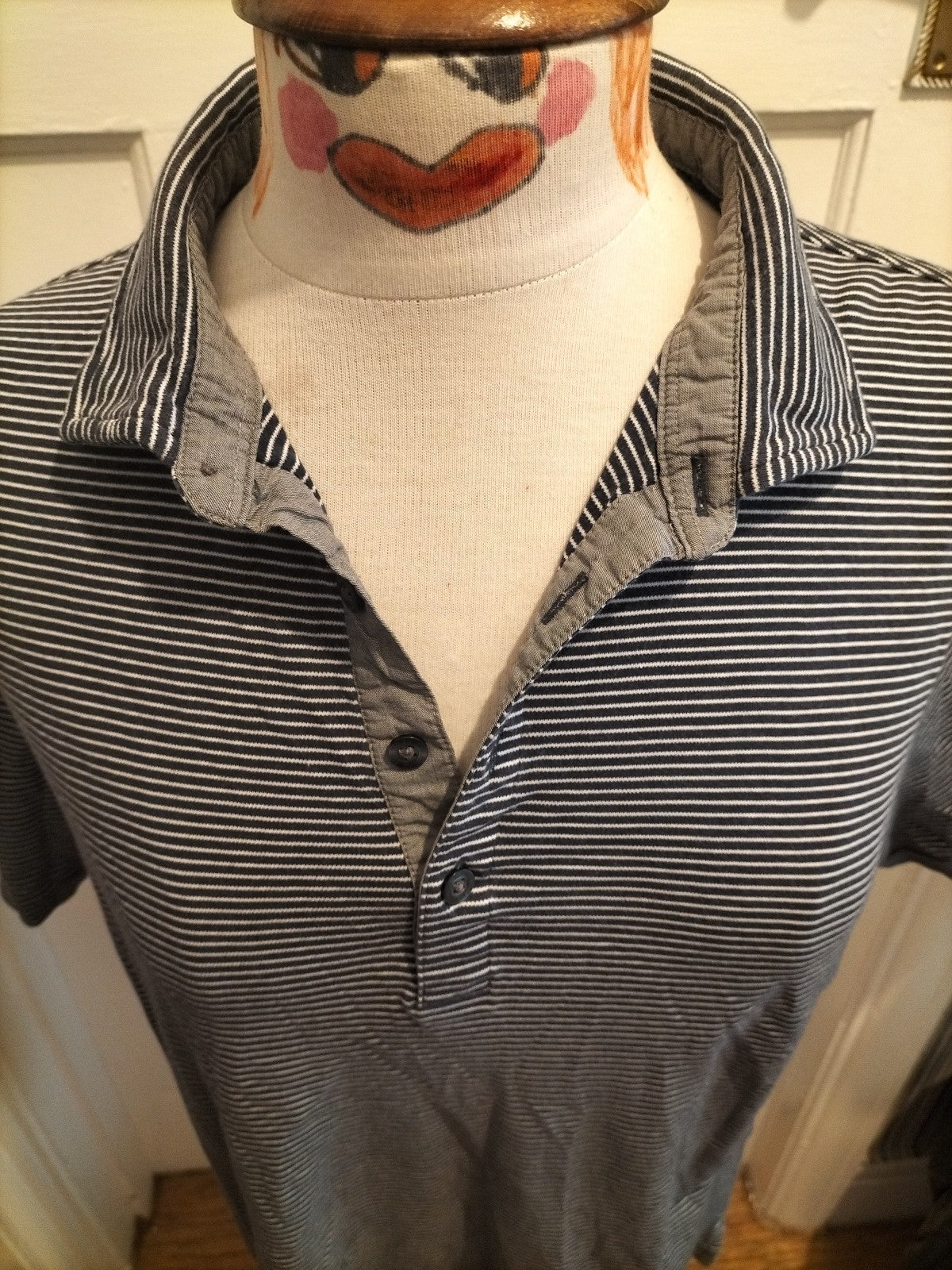 Mens Marks And Spencer Size Large Tailored Fit Navy Grey Striped Polo