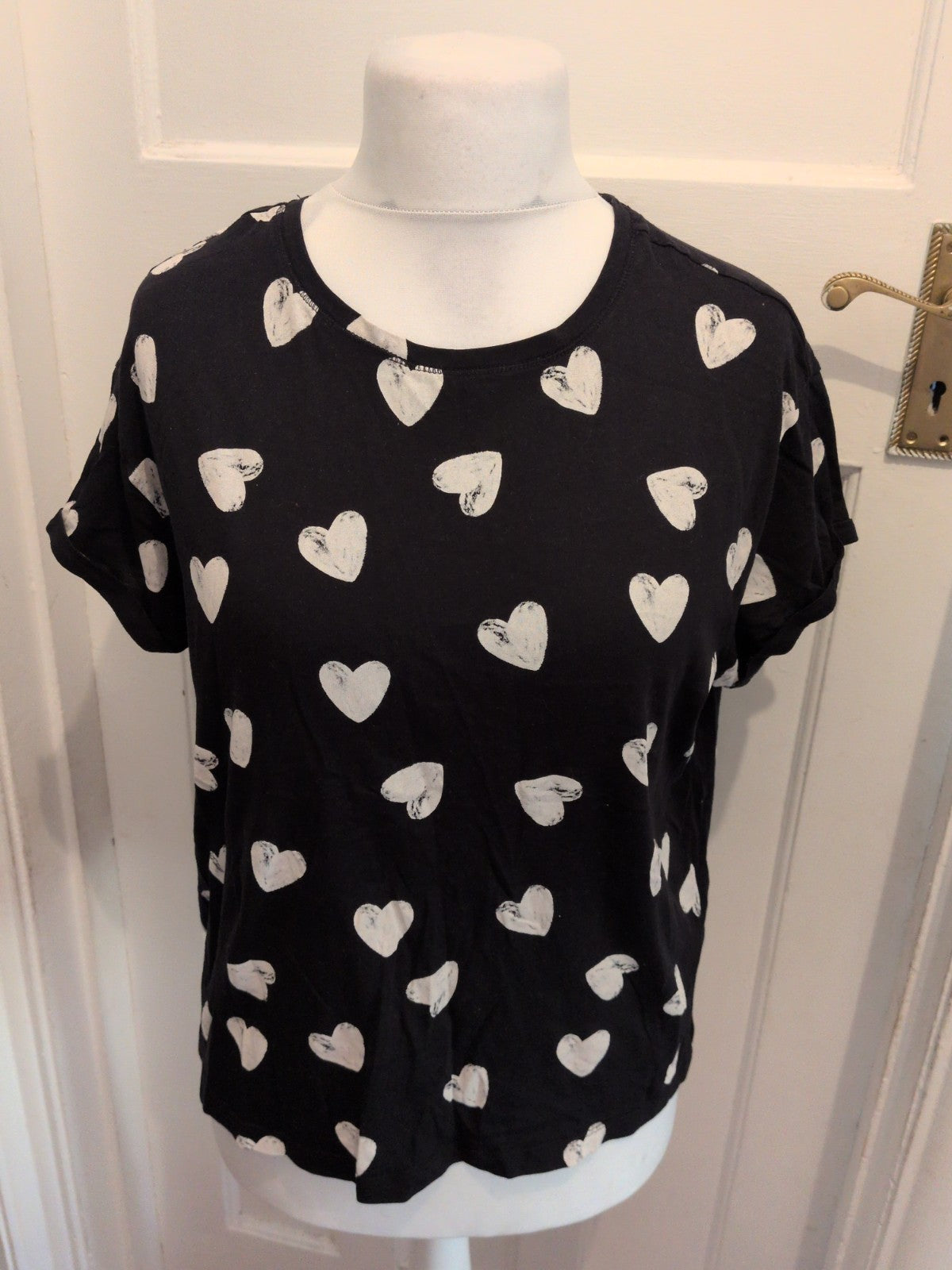 Marks And Spencer Large Black With White Hearts Short Sleeve Pyjama Top