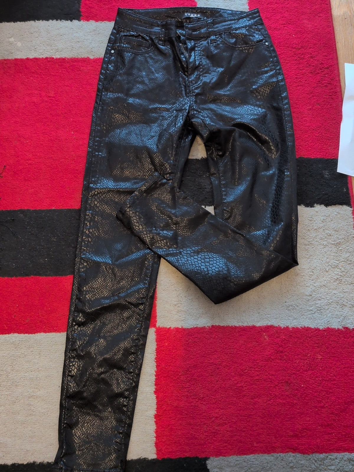 Ladies Voggo Size T38 Black Snakeskin Style Pleather Teousers