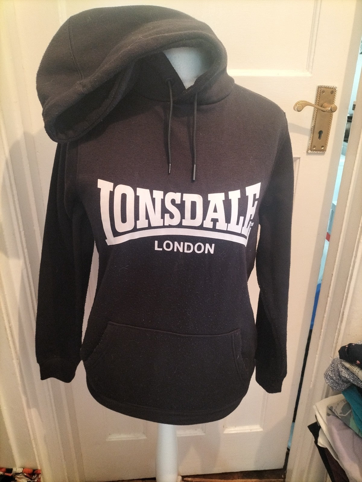 Lonsdale Small Black Print Pullover Hoodie Bobbling