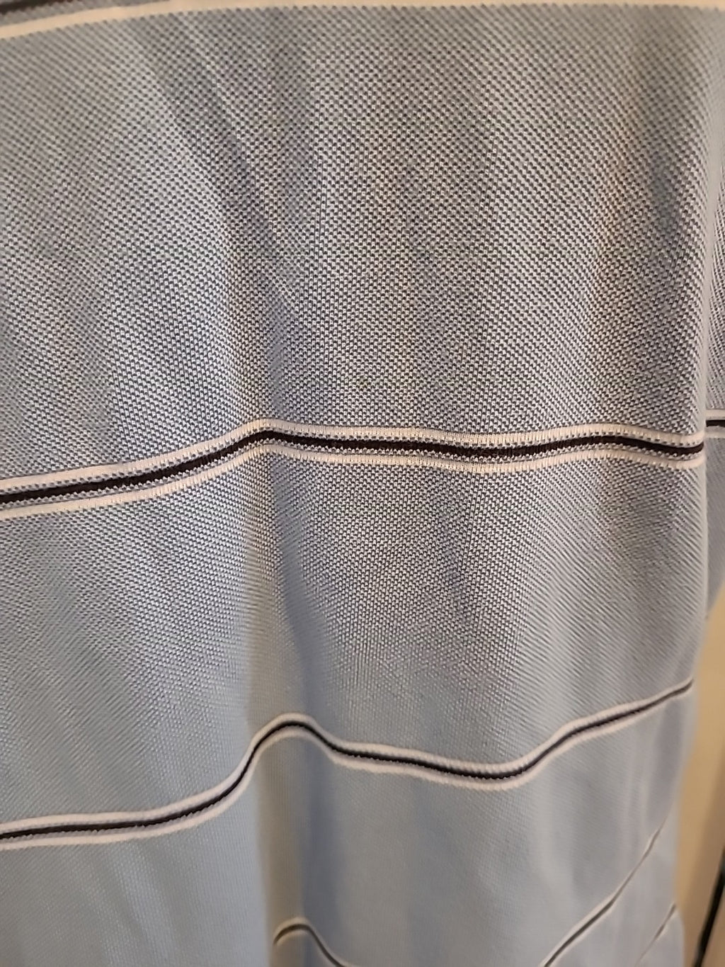 Mens PNG Size Large Pale Blue White Striped Polo(1 Small Mark On Front)