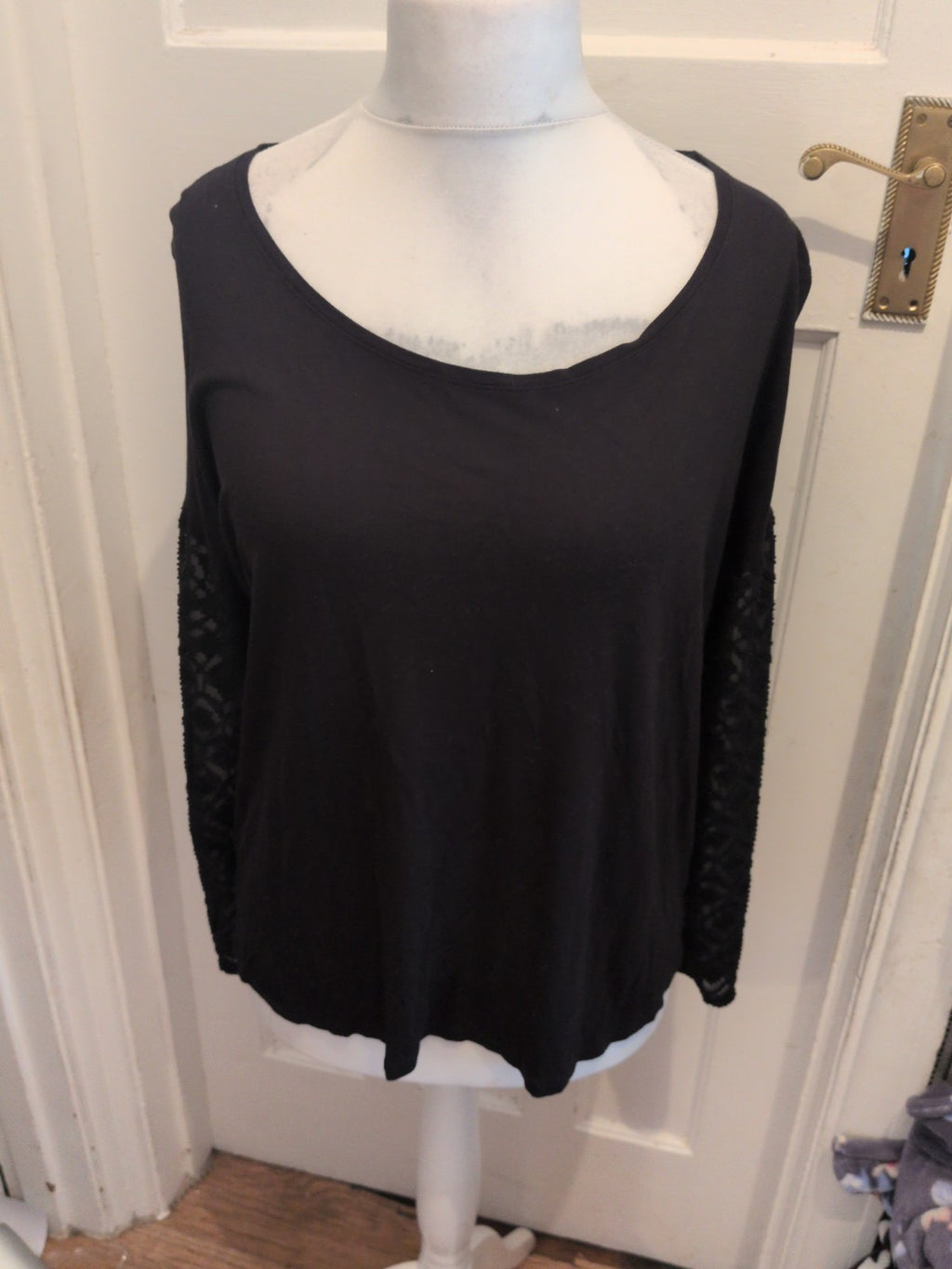 Great Plains London Large Black Long Sleeve Blouse See Through Sleeves