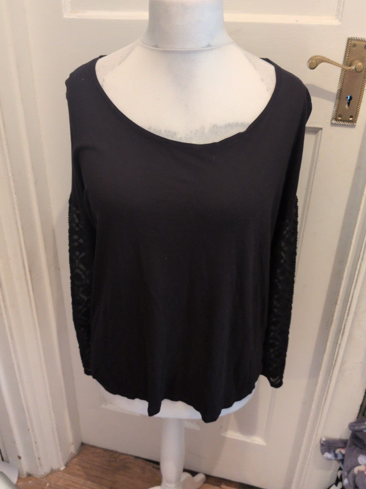 Great Plains London Large Black Long Sleeve Blouse See Through Sleeves