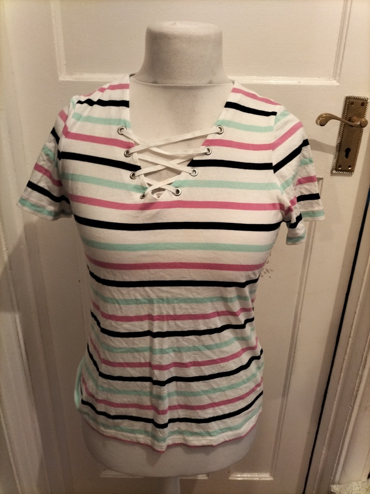Bonmarche 12 Multi Stripe Short Sleeved V Neck T-shirt