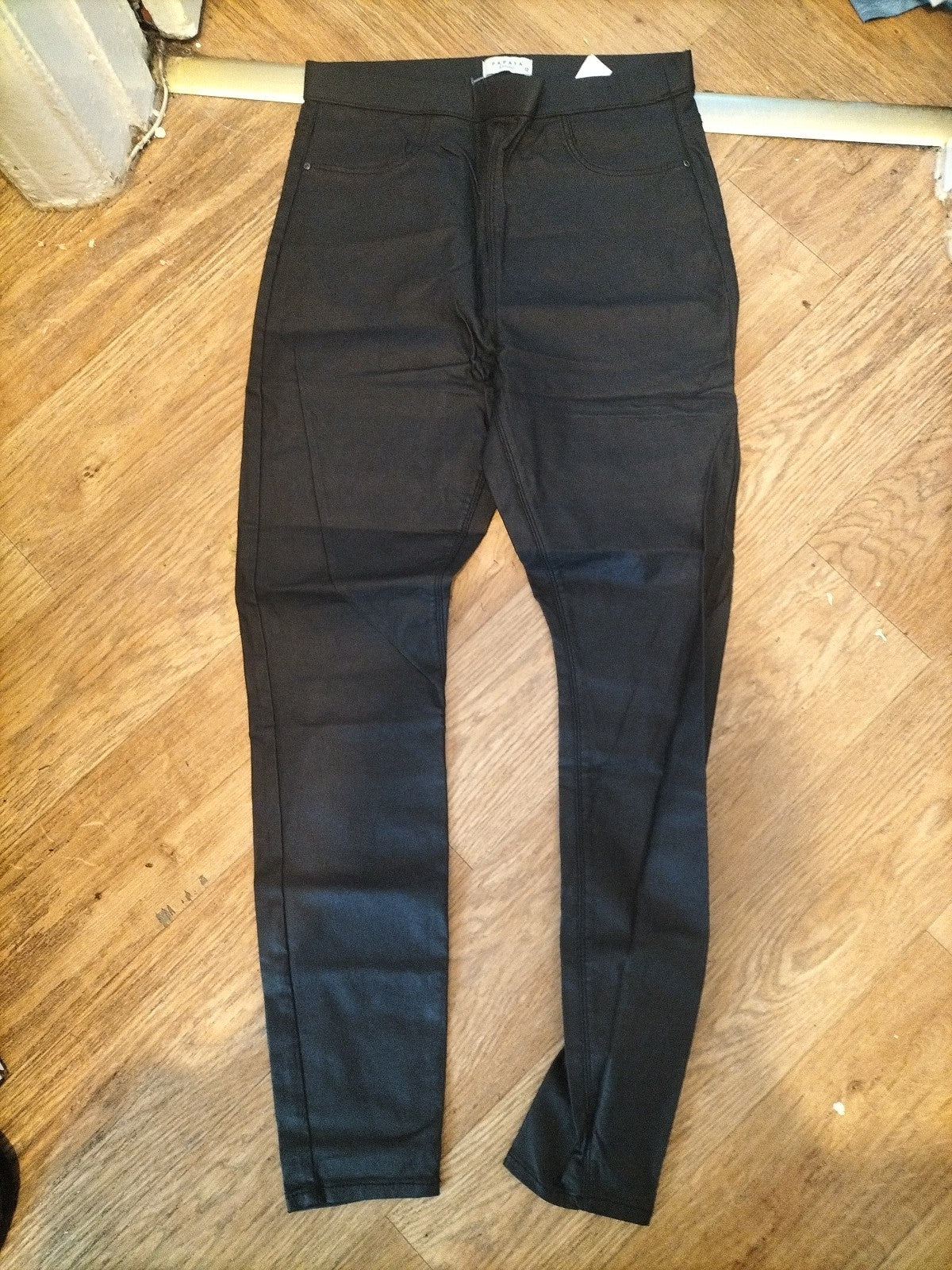 Ladies Papaya Denim Size 12 Black Pleather Trousers
