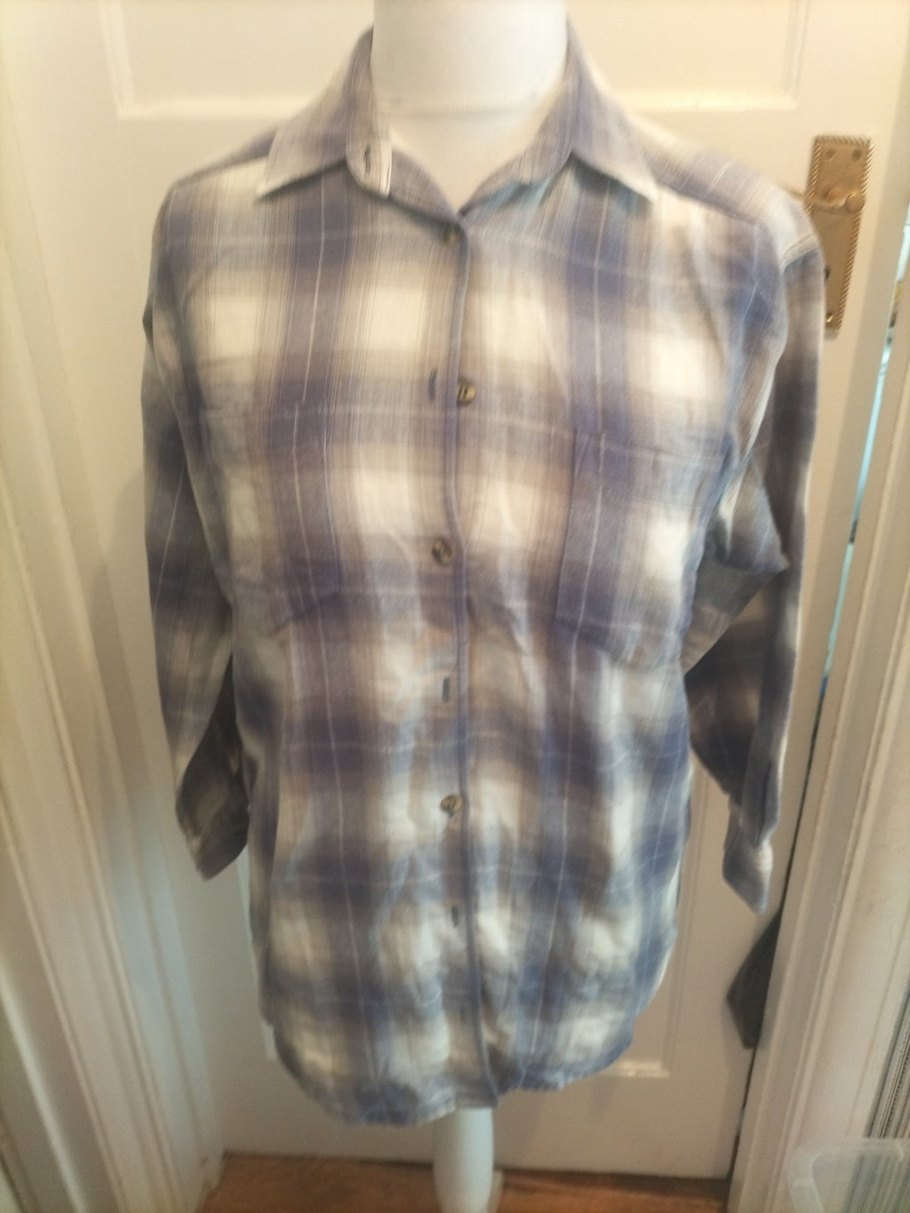 Size 12 Blue/Grey/White Check Long Sleeve Buttoned Blouse Shirt