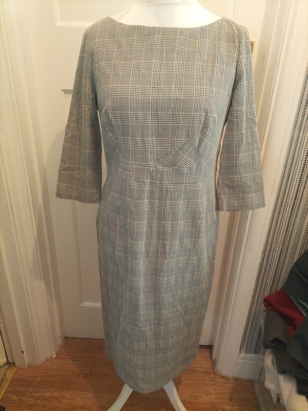 Ladies M&S Collection Size 14 Black White Check Lined Dress Half Sleeve