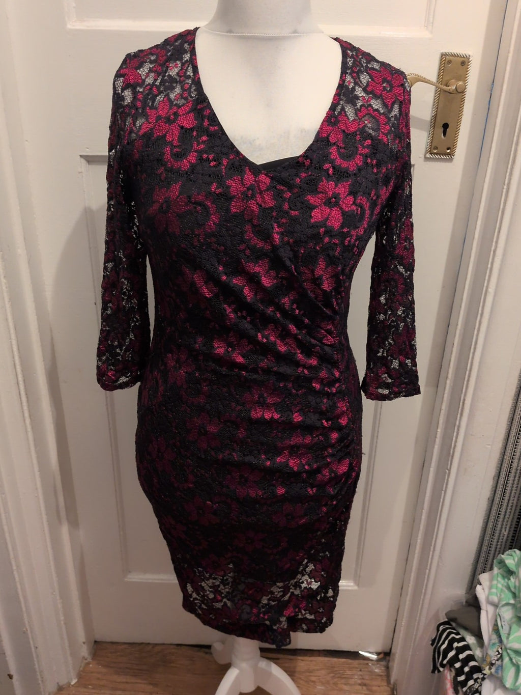 Roman 14 Cerise And Black Lace 3/4 Sleeve Dress