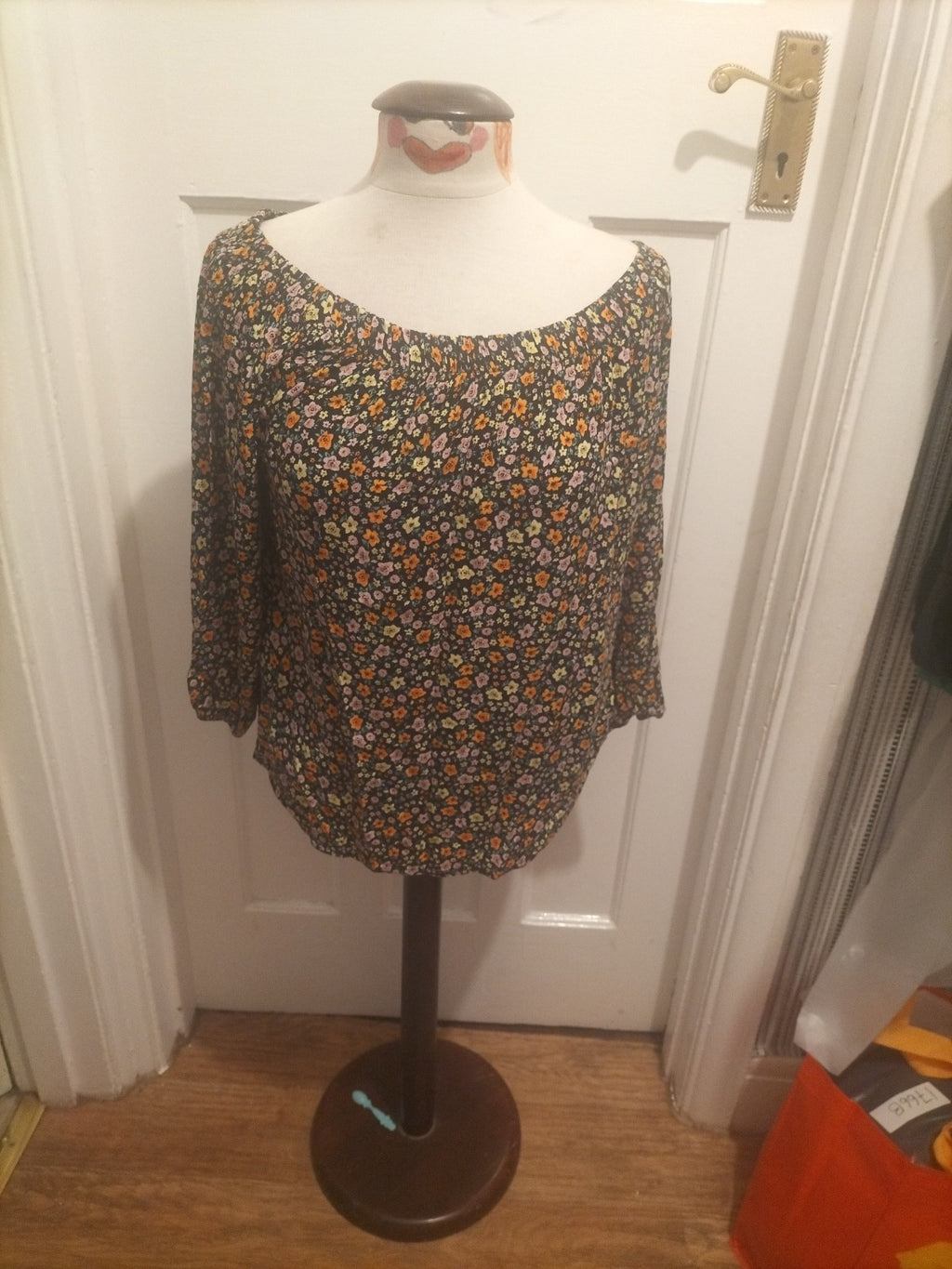 Ladies Select Size 12 Black With Multi Floral Elasticated Hem Blouse