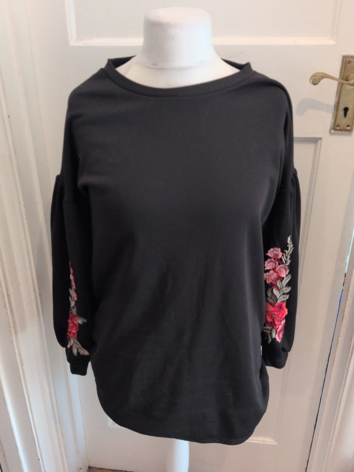 Ladies Large Black Sweatshirt With Floral Sleeves