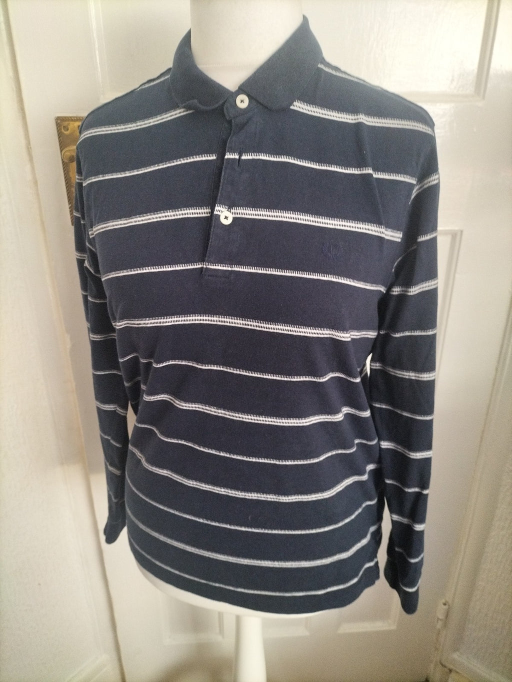 Mens Lincoln Size M Navy And White Striped Long Sleeved Polo