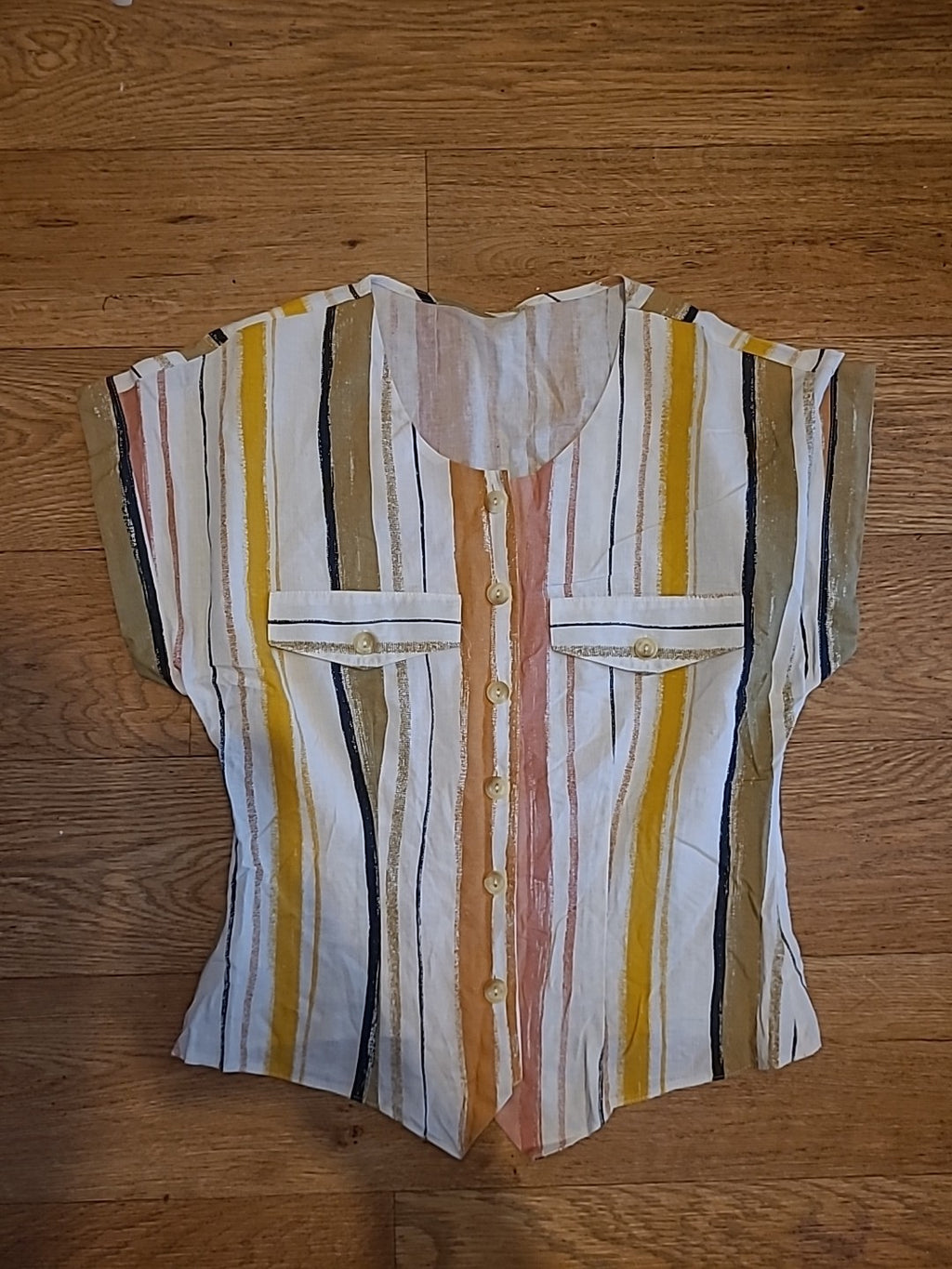 Ladies St Michael Size 10 Yellow/White Multi Striped Short Sleeved Blouse