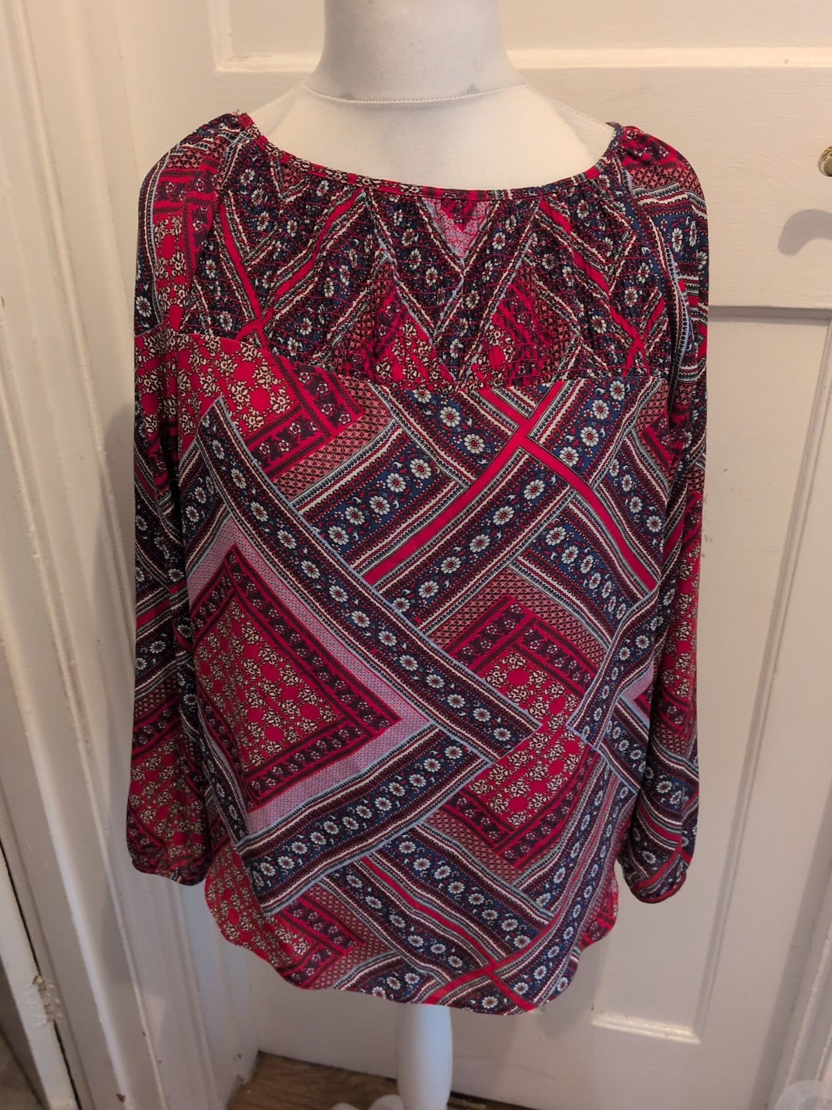 Dorothy Perkins 16 Red And Navy Aztec Long Sleeve Blouse