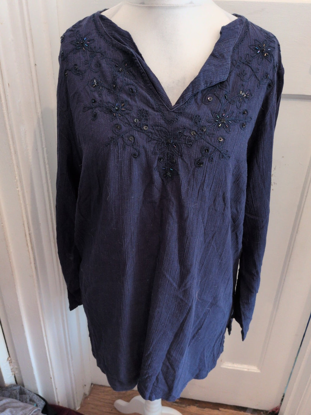 Arcadia 20 Navy Long Sleeve Embroidery Neck Blouse