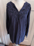 Arcadia 20 Navy Long Sleeve Embroidery Neck Blouse