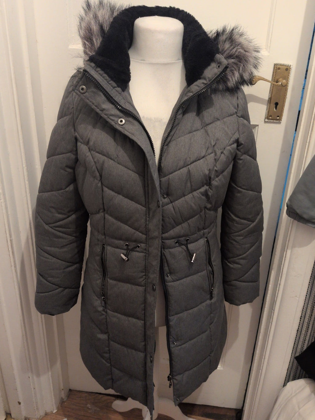 George 12-14 Grey Faux Fur Hood Puffer Jacket Long Sleeve Full Zip