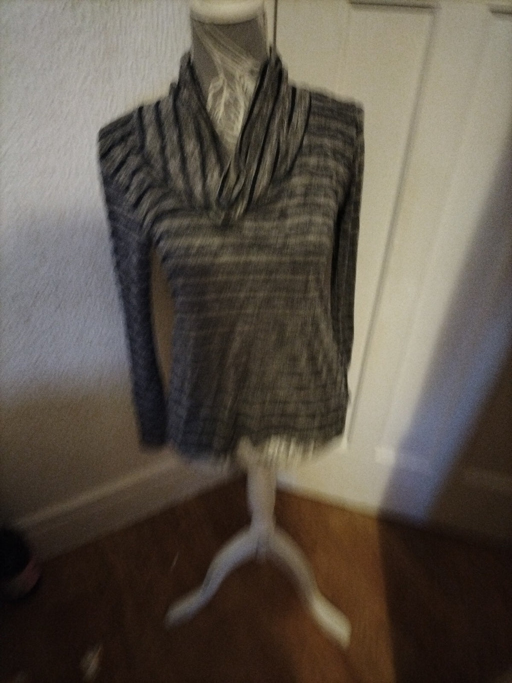 Ladies Size Small Grey/Navy Striped Long Sleeved Blouse