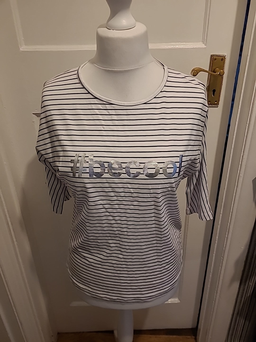 Ladies Simal Size Large White Striped Half Sleeved Tshirt