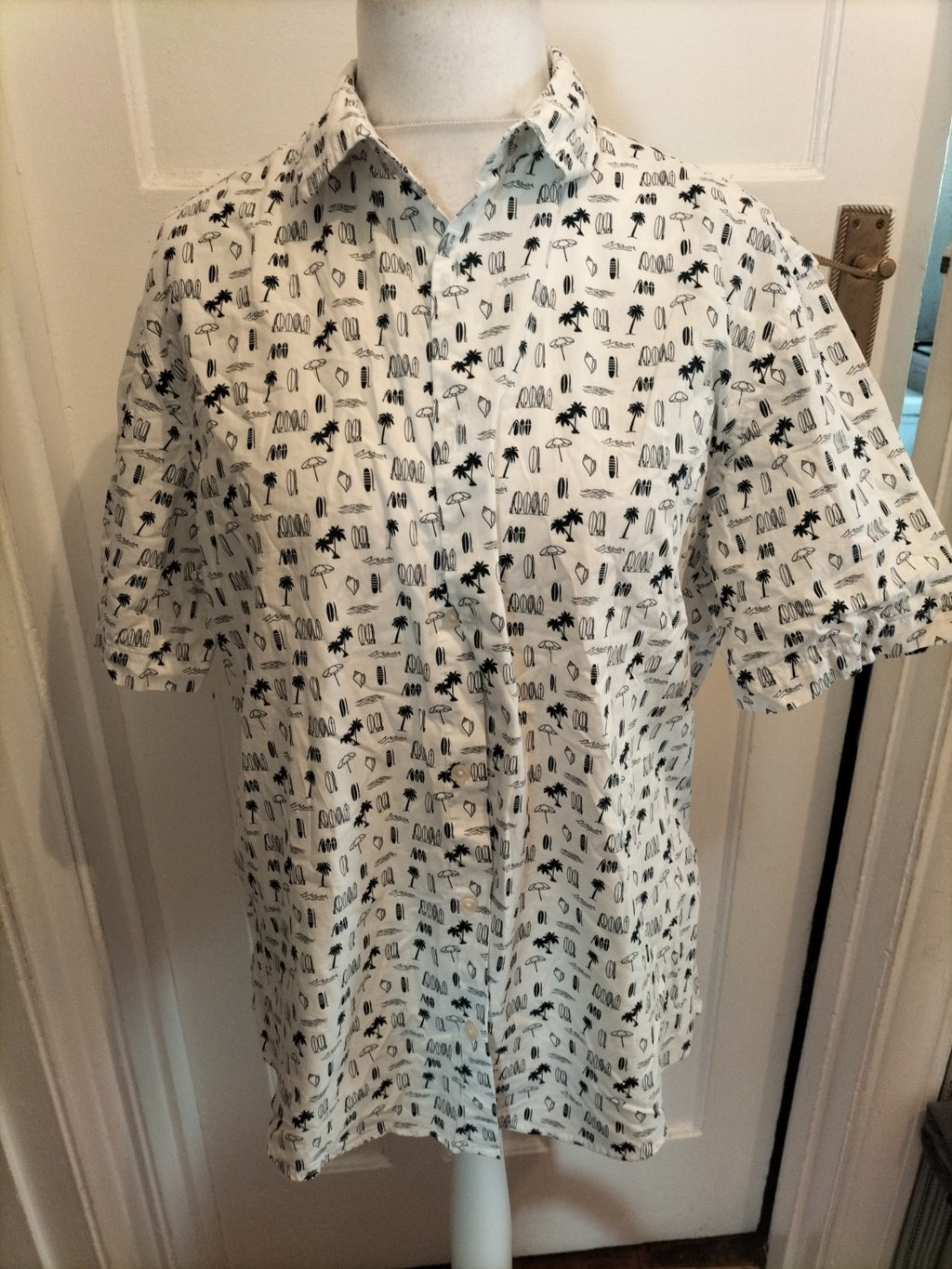 Mens M&S Collection Size L Pur Cotton White Beach Design Short Sleeved Shirt