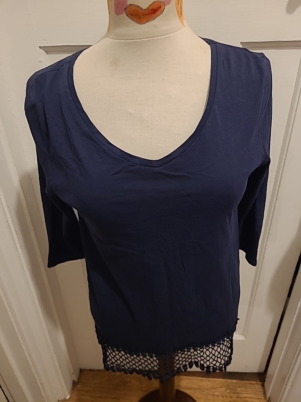 Ladies George Size 10 Navy Long Sleeved With Lace Hem Tshirt