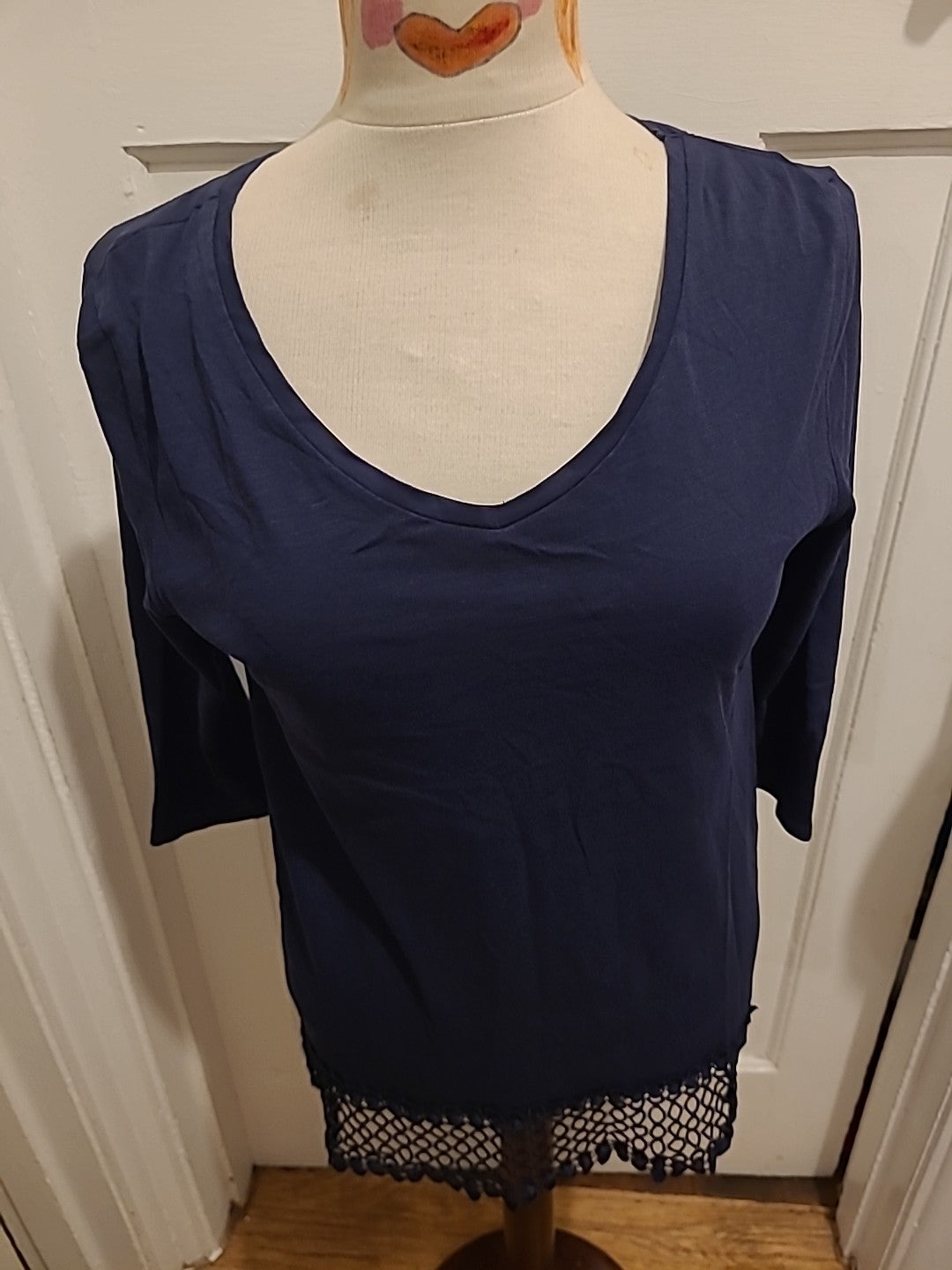 Ladies George Size 10 Navy Long Sleeved With Lace Hem Tshirt