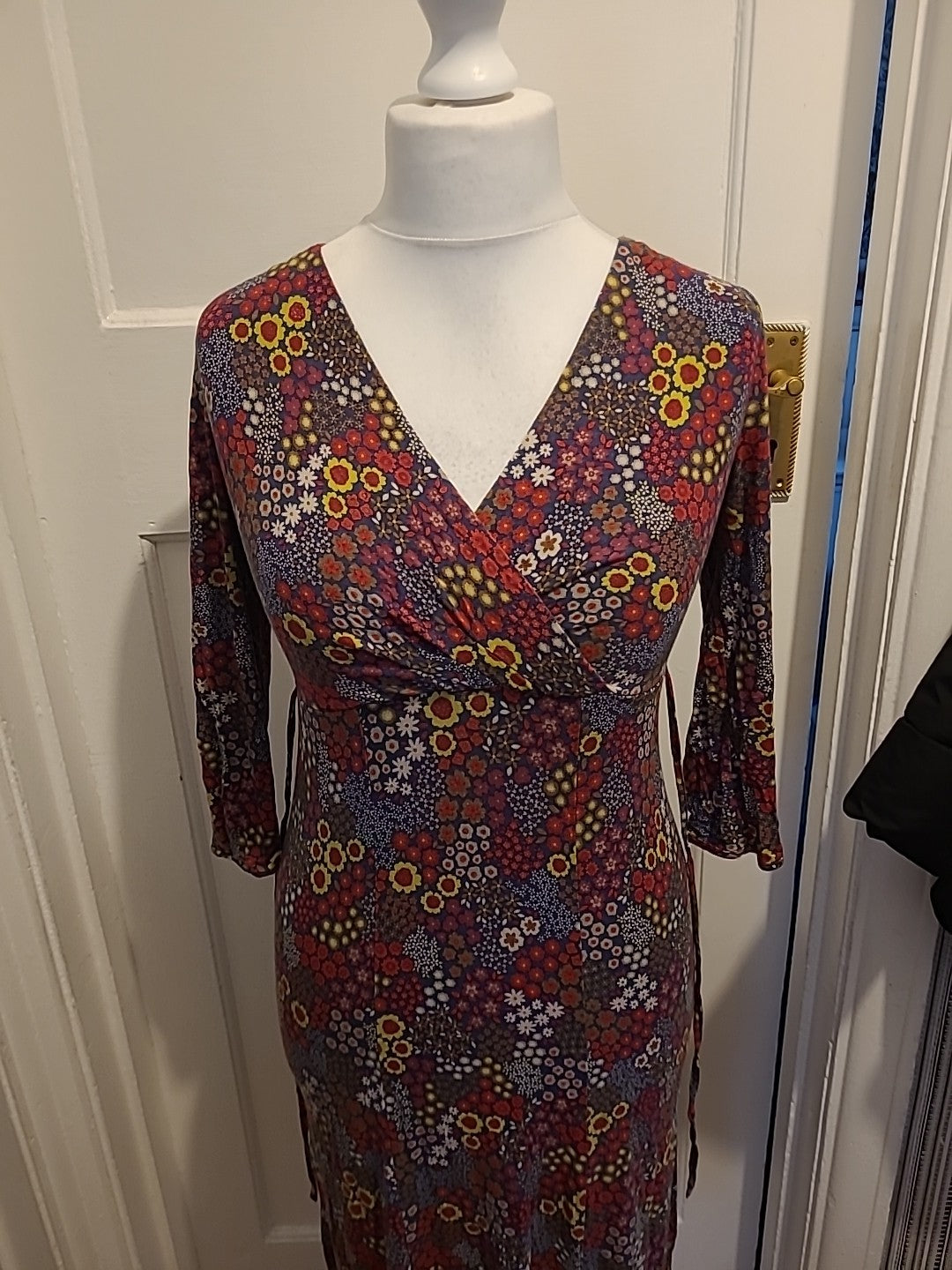 Ladies Per Una Size 10L Multicoloured Floral V Neck Dress
