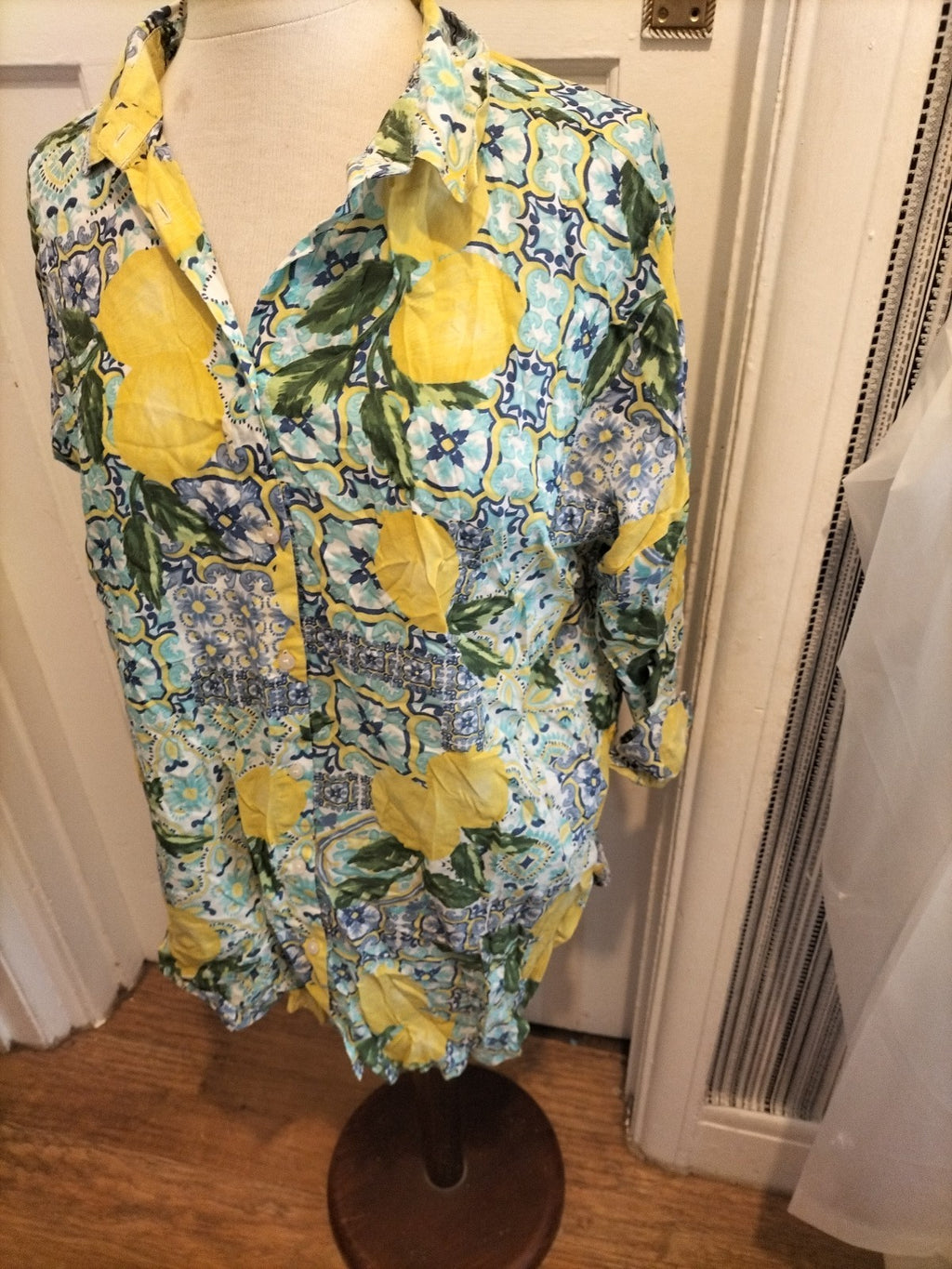 Ladies Primark Size 6-8 Blue/Yellow/Green Blouse Floral
