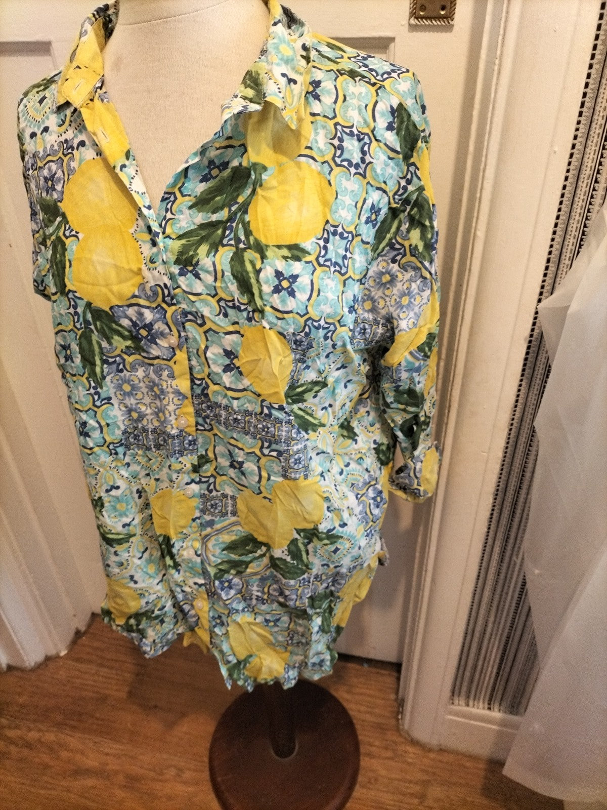 Ladies Primark Size 6-8 Blue/Yellow/Green Blouse Floral