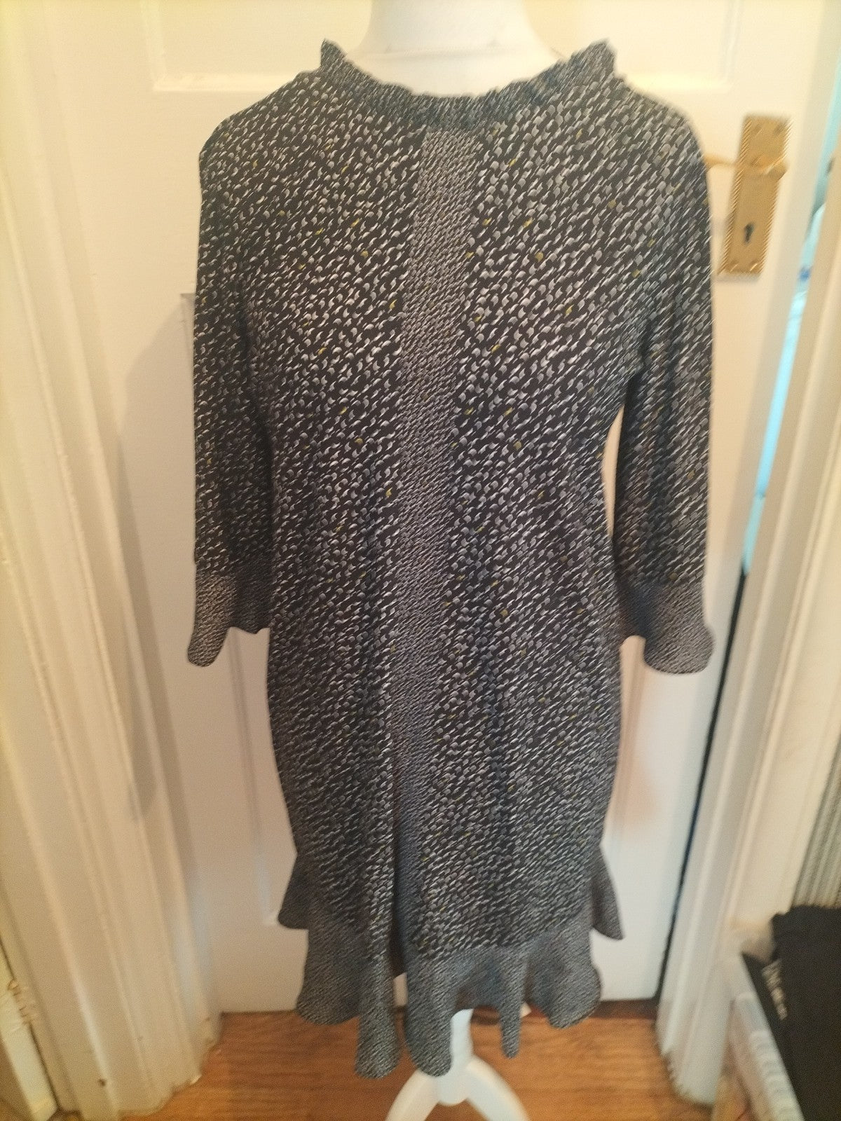 Ladies Next Size 12 Black White Yellow Dash Pattern 3/4 Sleeved Dress