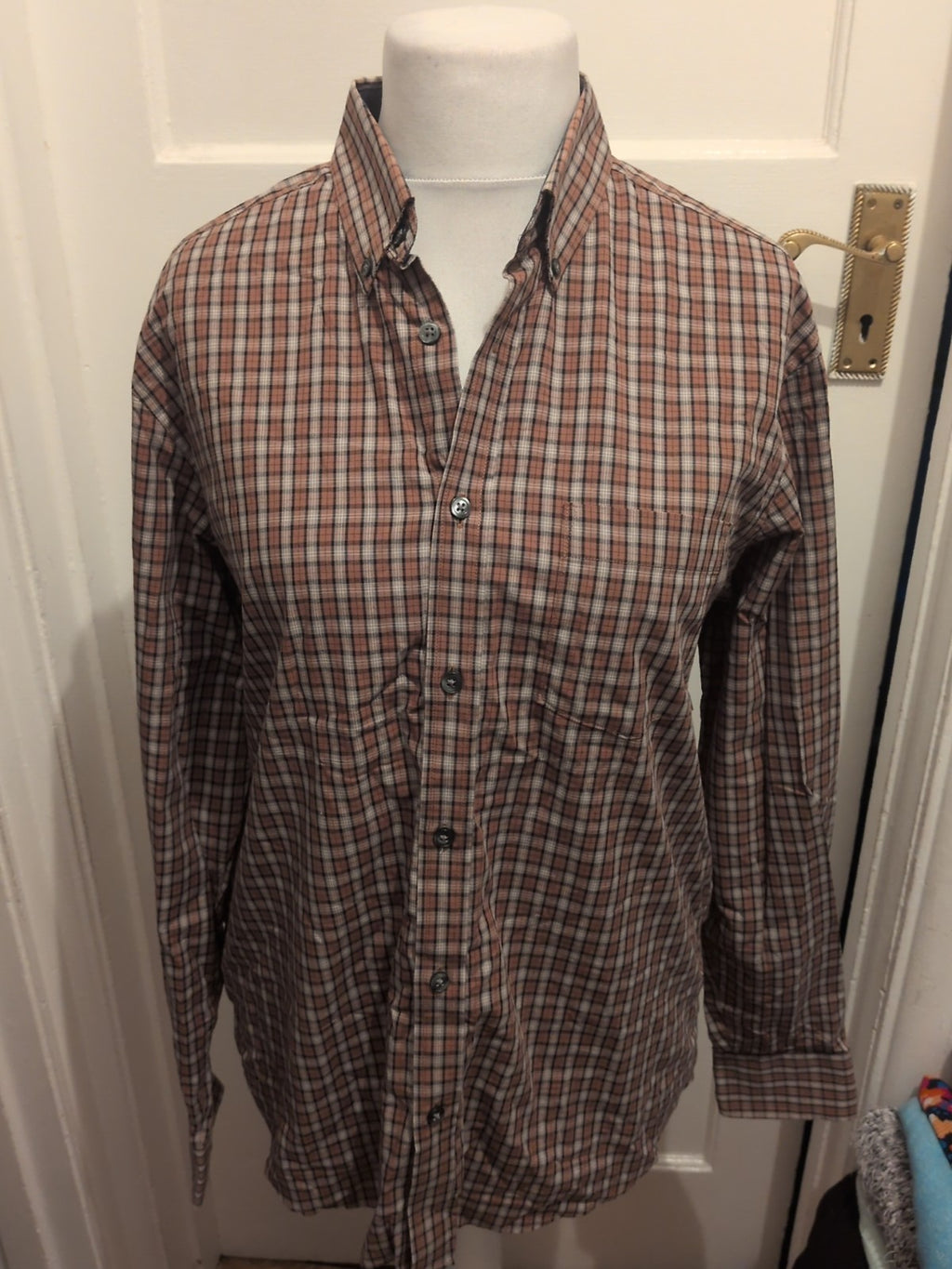 Mens M&S Size M Regular Fit Peached Pure Cotton Shirt Brown Check Long Sleeved
