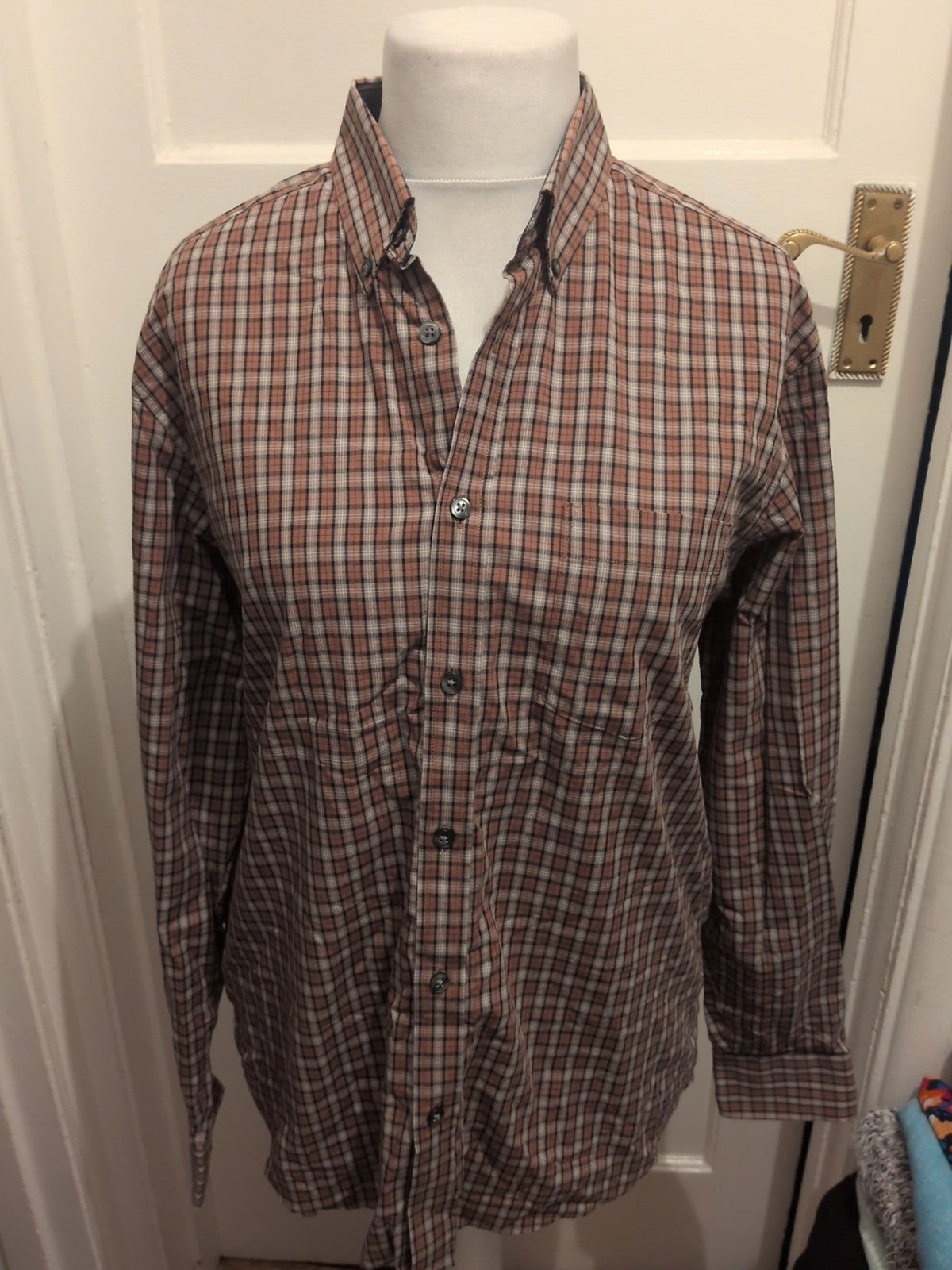 Mens M&S Size M Regular Fit Peached Pure Cotton Shirt Brown Check Long Sleeved