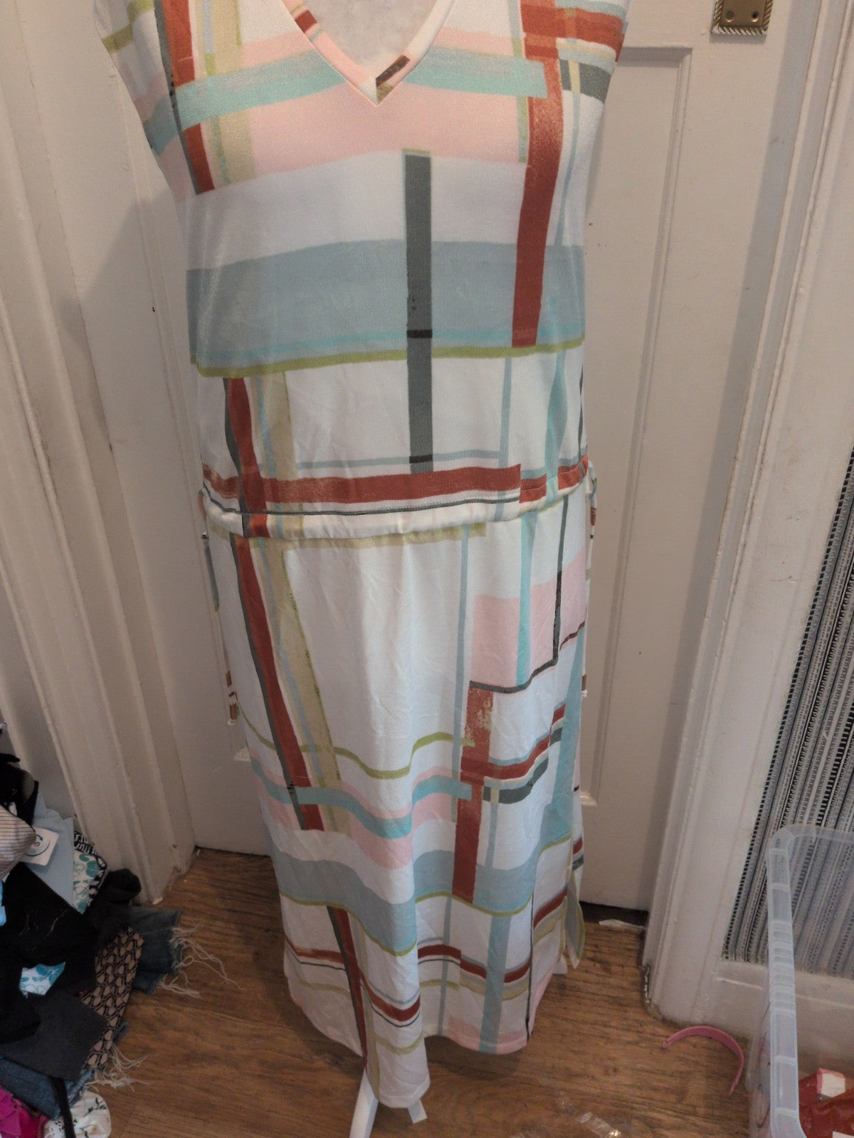 Next 12 White With Check Pattern Sleeveless Long Length Dress