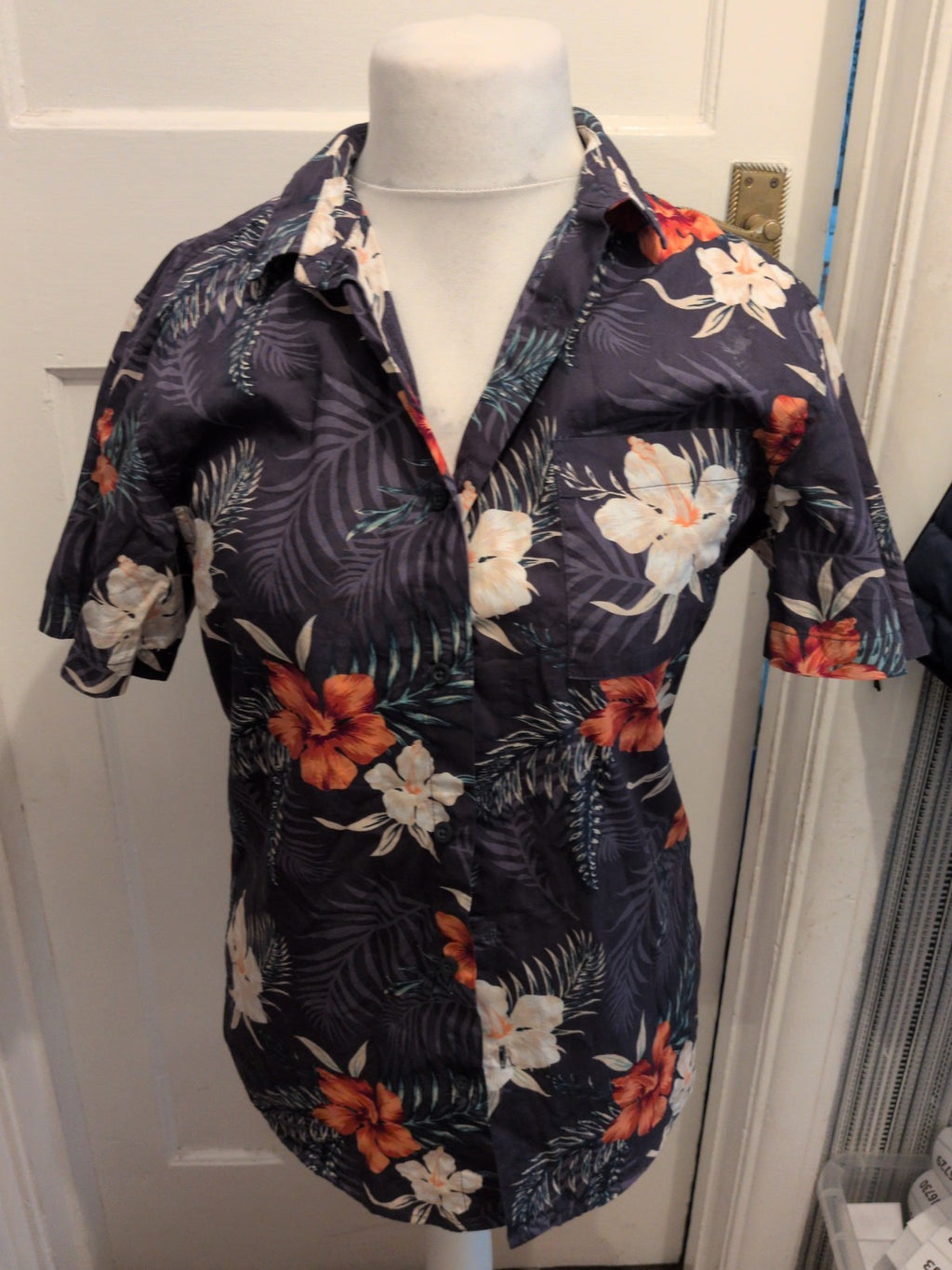 Primark Medium Navy Floral Buttoned Short Sleeve Shirt