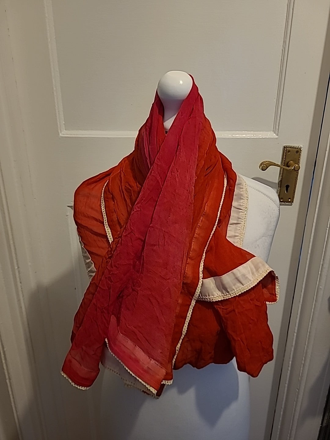 Ladies XL Red With Cream Trim Scarf