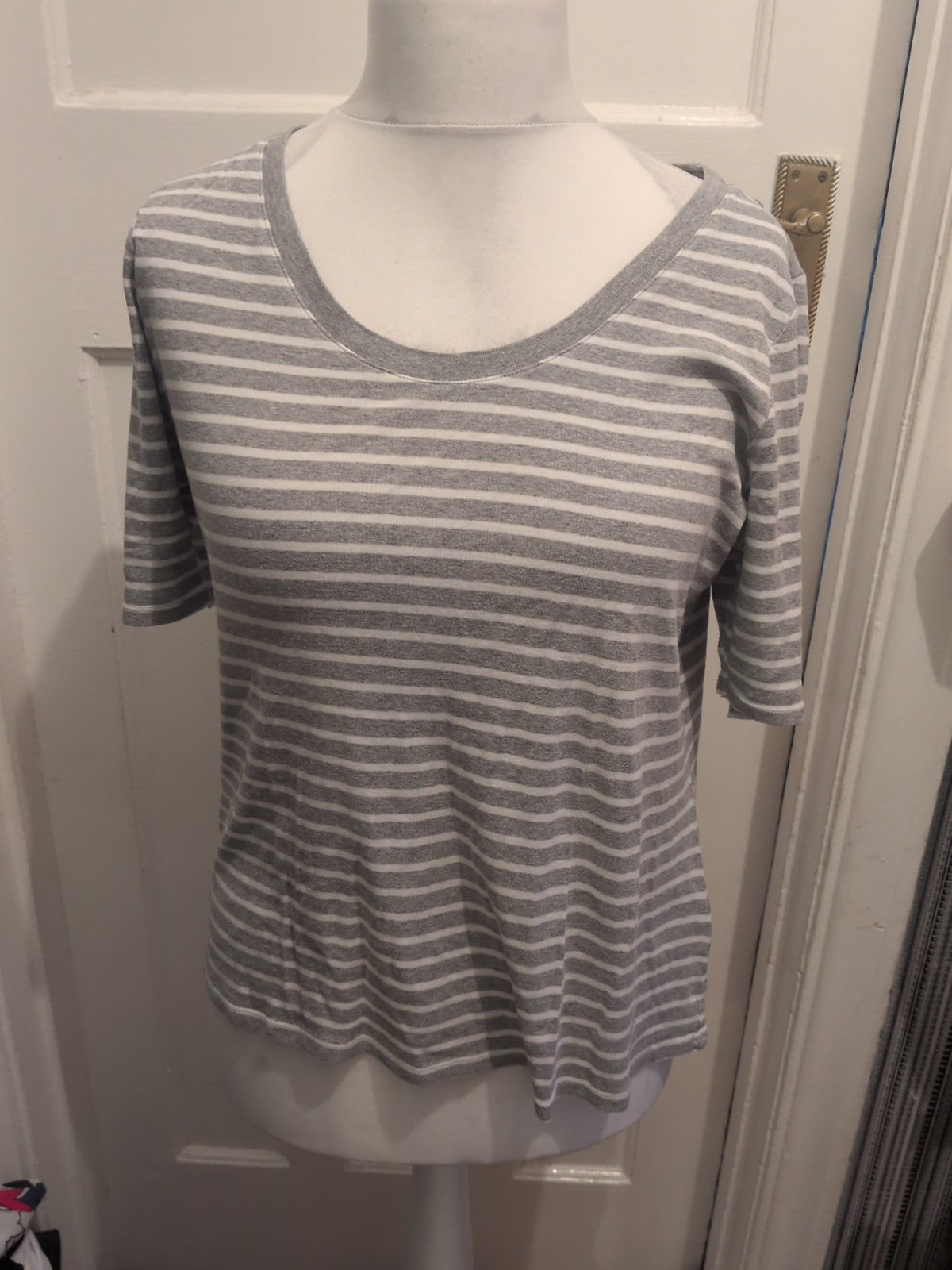 M&S 16 Grey With White Stripes Short Sleeve T-shirt