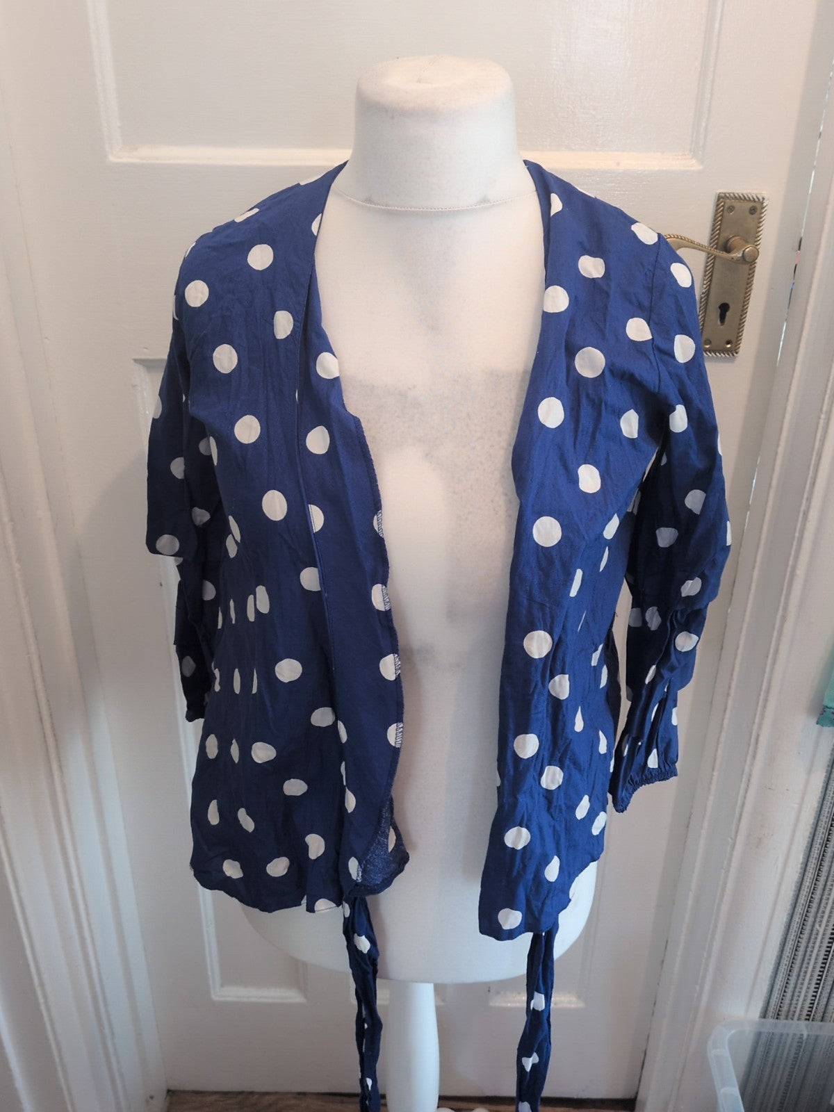 Ladies Primark Size 10 Blue And White Spotty Long Sleeved Blouse