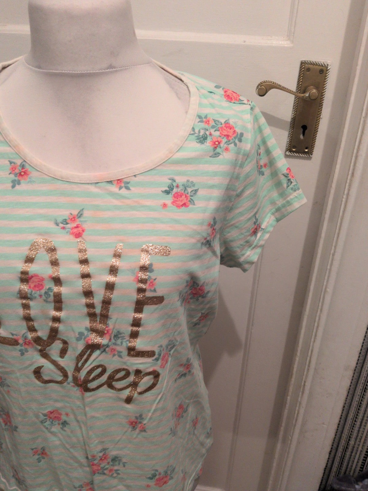 F&F Stripe Medium With Gold Glitter Floral Pyjama Top