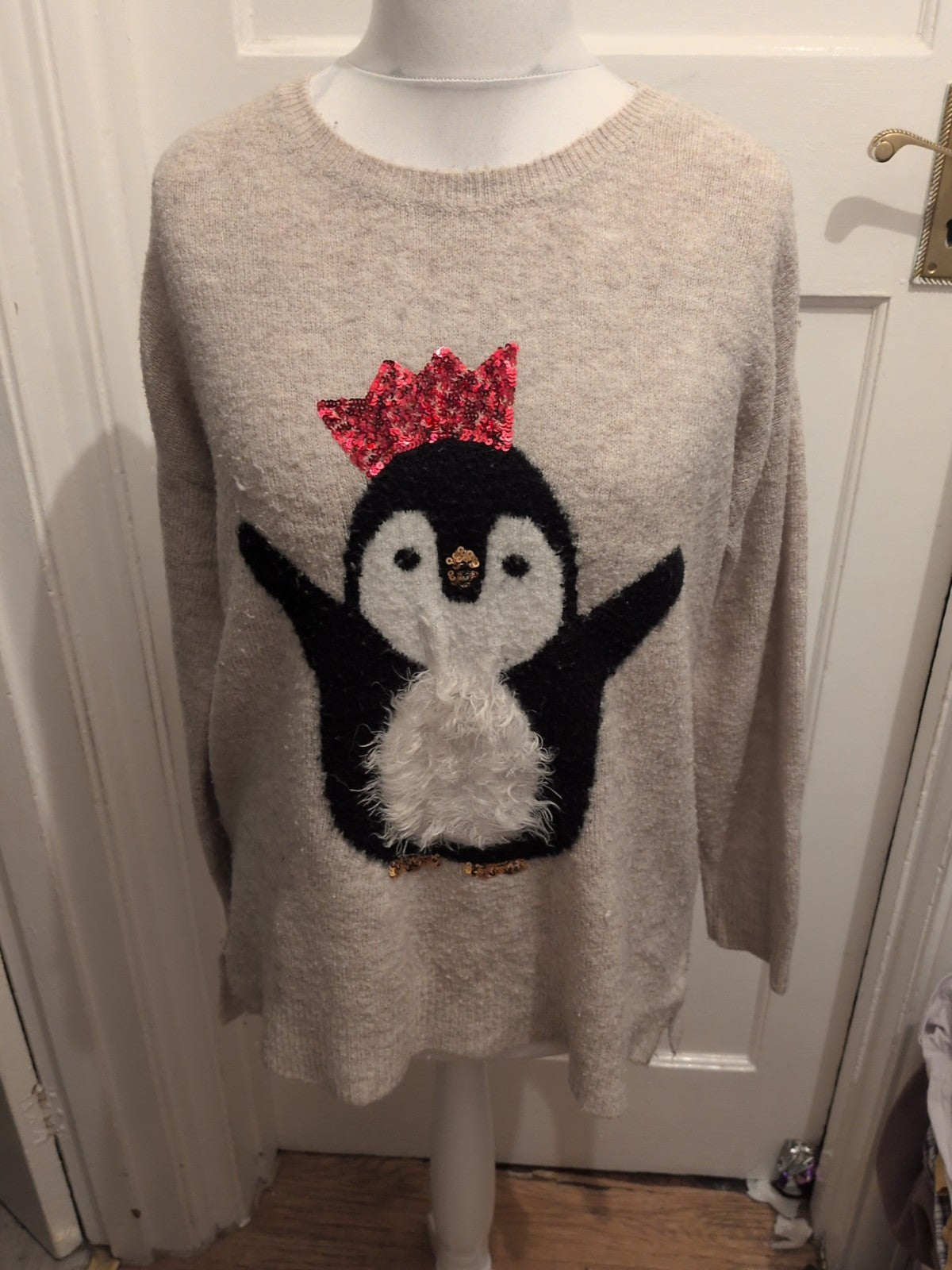 George 14 Beige Christmas Penguin Jumper