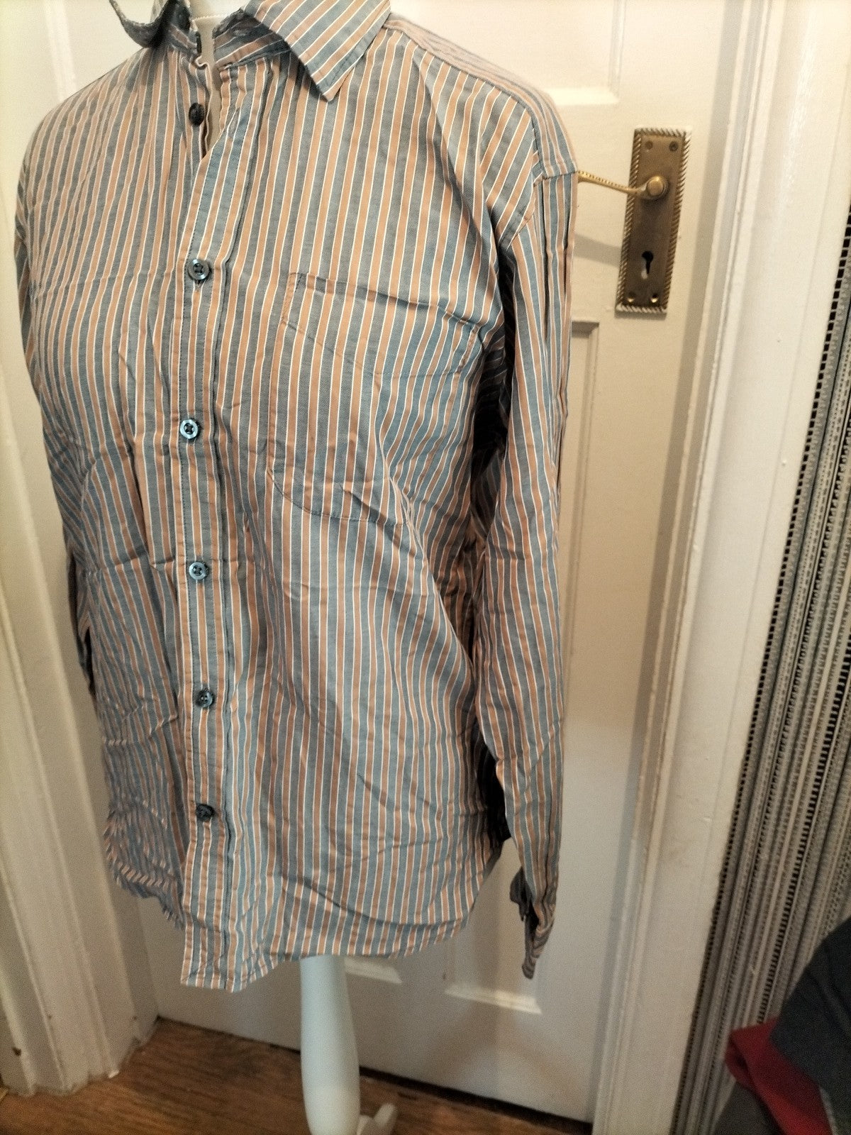 Mens Blue Harbour Size M Gold And Grey Striped Long Sleeved Shirt