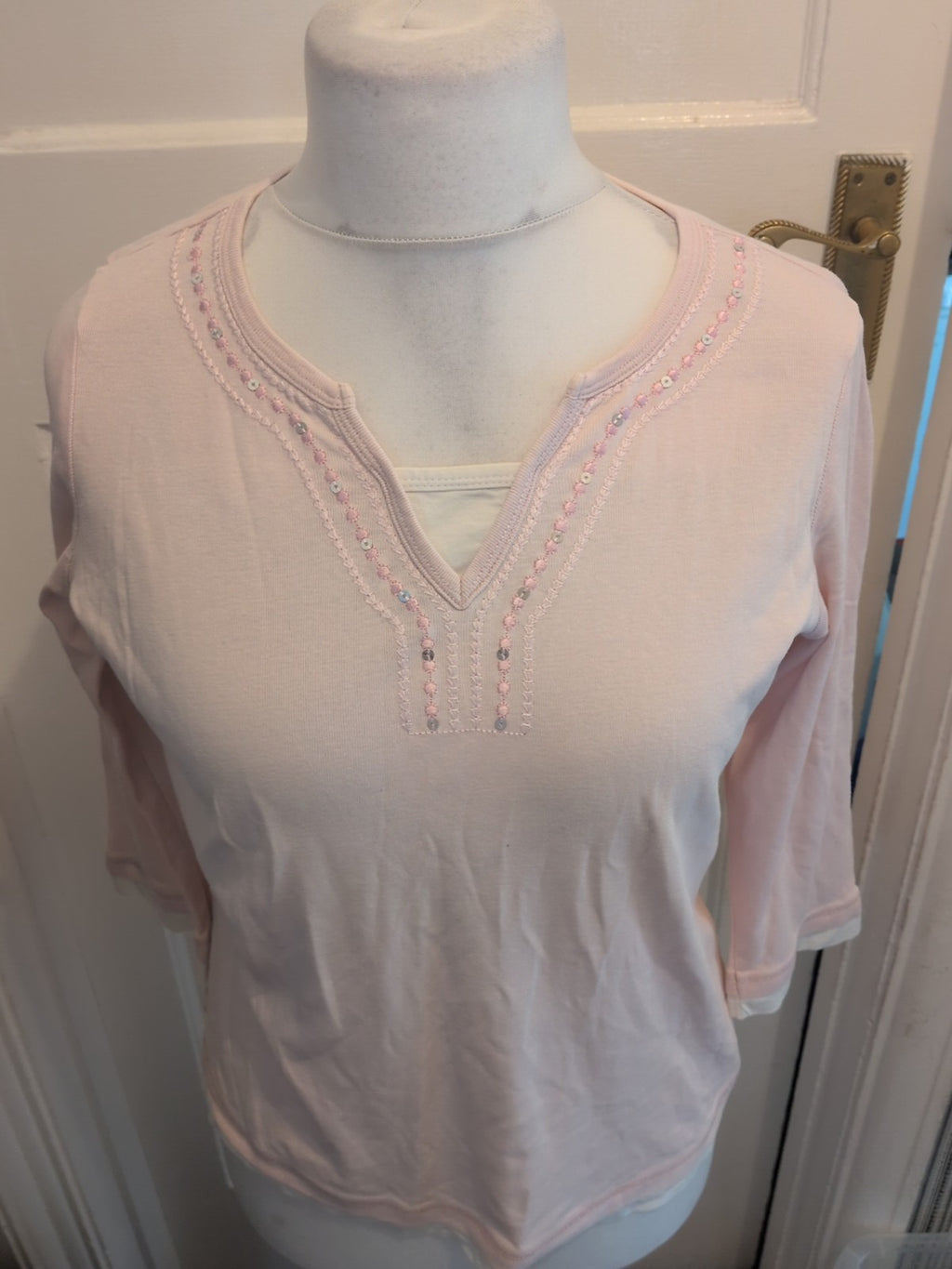 Ladies BHS Size 18 With White Trim Long Sleeved V Neck Blouse