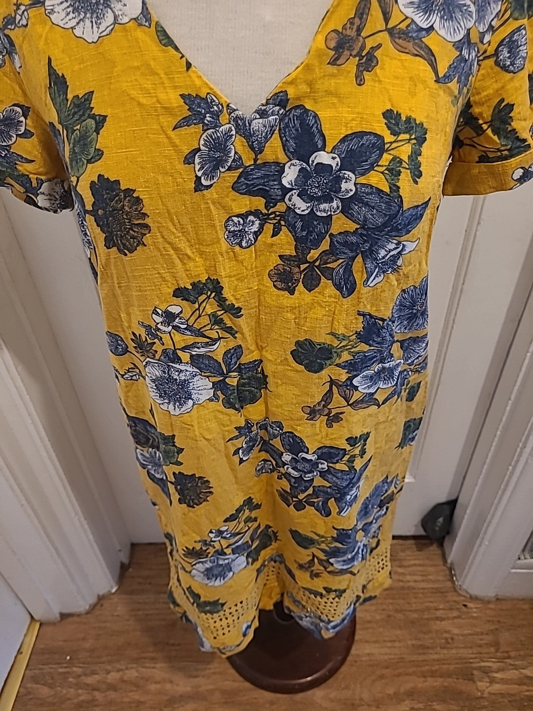 Ladies Next Size 8 Yellow Grey Floral Short Sleeved Dress